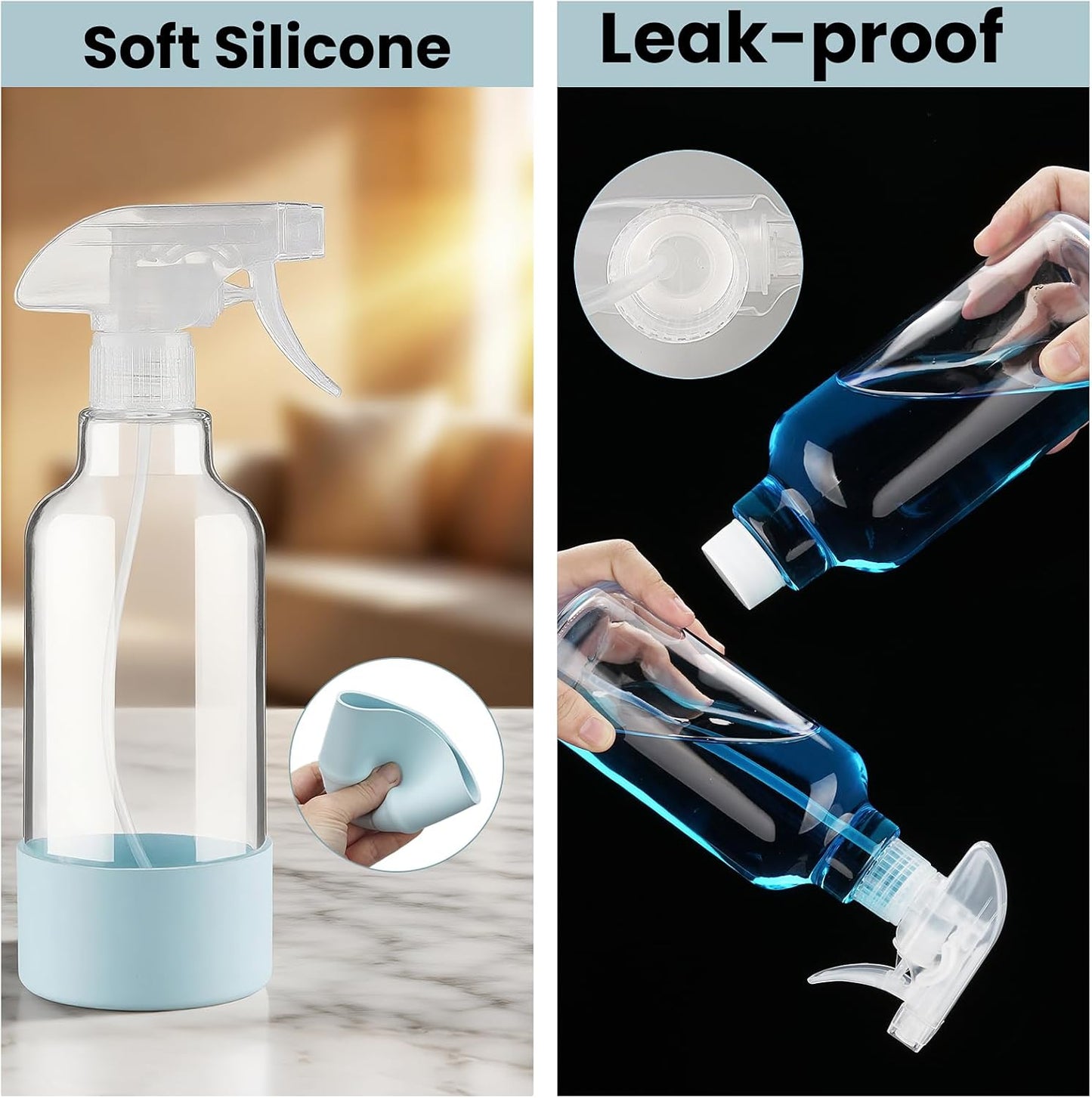 Glass Spray Bottles with Silicone Sleeve, 2 Pack 16.9oz Refillable Containers with Adjustable Spray Nozzles, Empty Spray Bottle for Cleaning Solutions, Hair, Plants (Light Blue+Purple)