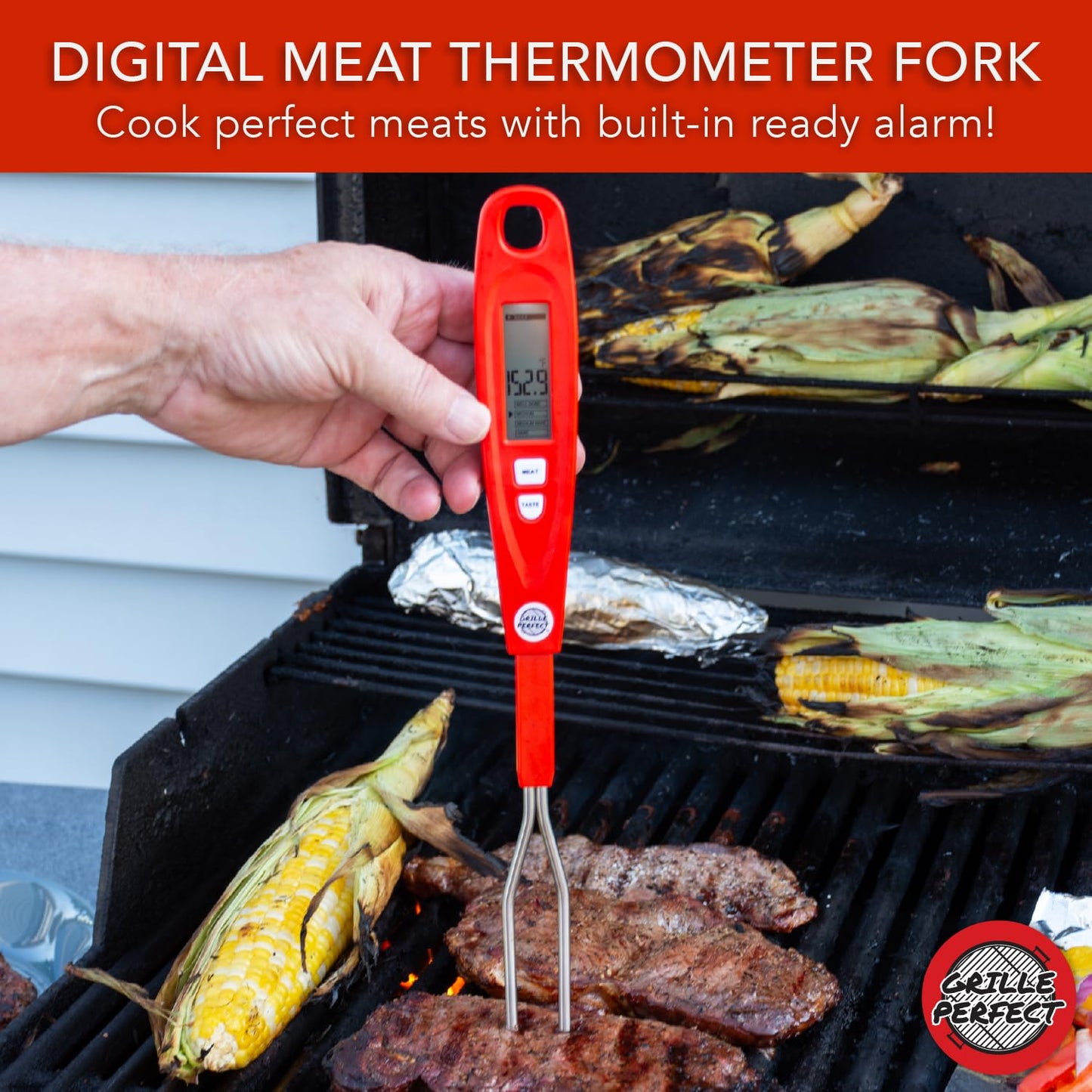 Digital Meat Thermometer Fork for Grilling & BBQ with Ready Alarm, Pro Temp Points for Quick Accurate Temperature on Steak, Pork, Chicken & Hot Grilled Food on Patio or Outside Kitchen
