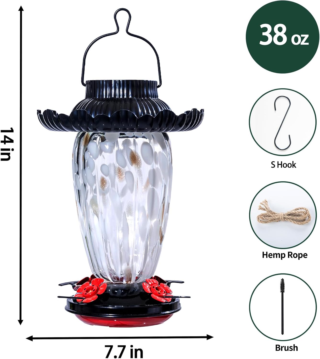 Muse Garden Solar Hummingbird Feeders for Outdoors Hanging, 38oz Hand Blown Glass Humming Bird Feeders for Garden Decor, Moms Birthday Unique, White