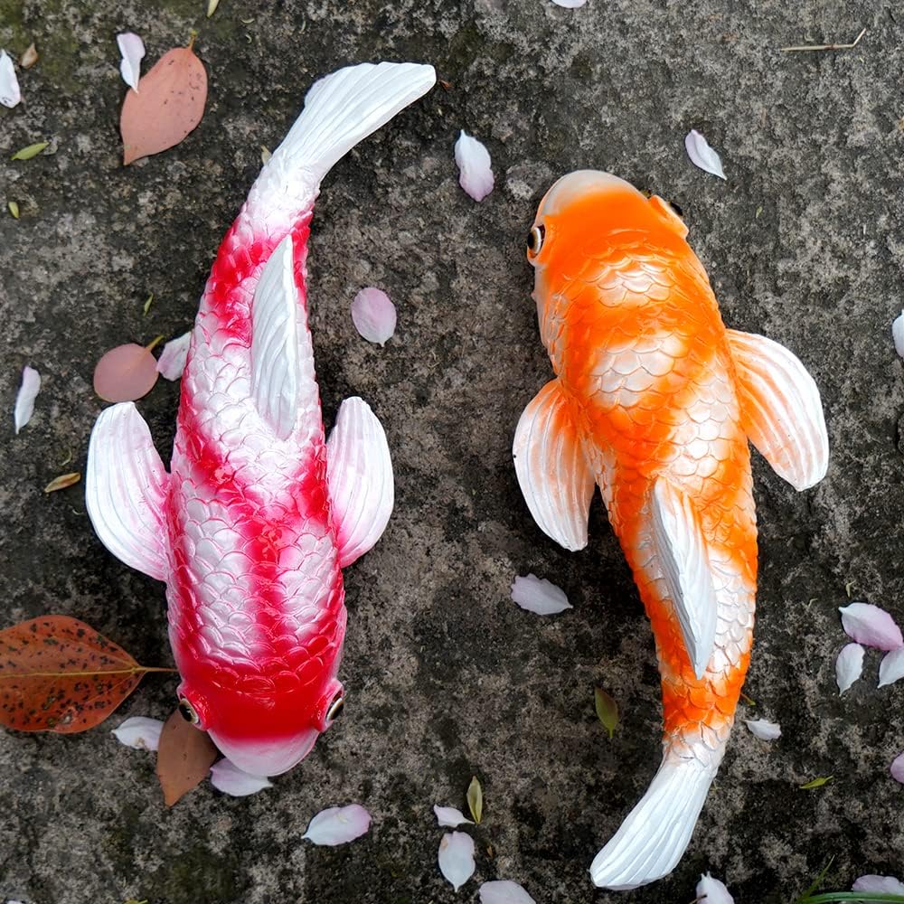 Set of 2 Solar Koi Fish Garden Statues - Ceramic Fish Sculptures for Outdoor Patio, Yard, Lawn & Balcony Decor - Waterproof Garden Ornaments with LED Lights
