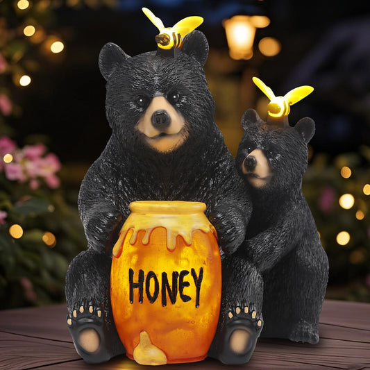 Solar Garden Decor Statues 7" Resin Mother&Cub Bear Figurines with Honey Jar Waterproof Black Bear Decor for Outside Yard Patio Porch Decoration Gift for Mom Grandma