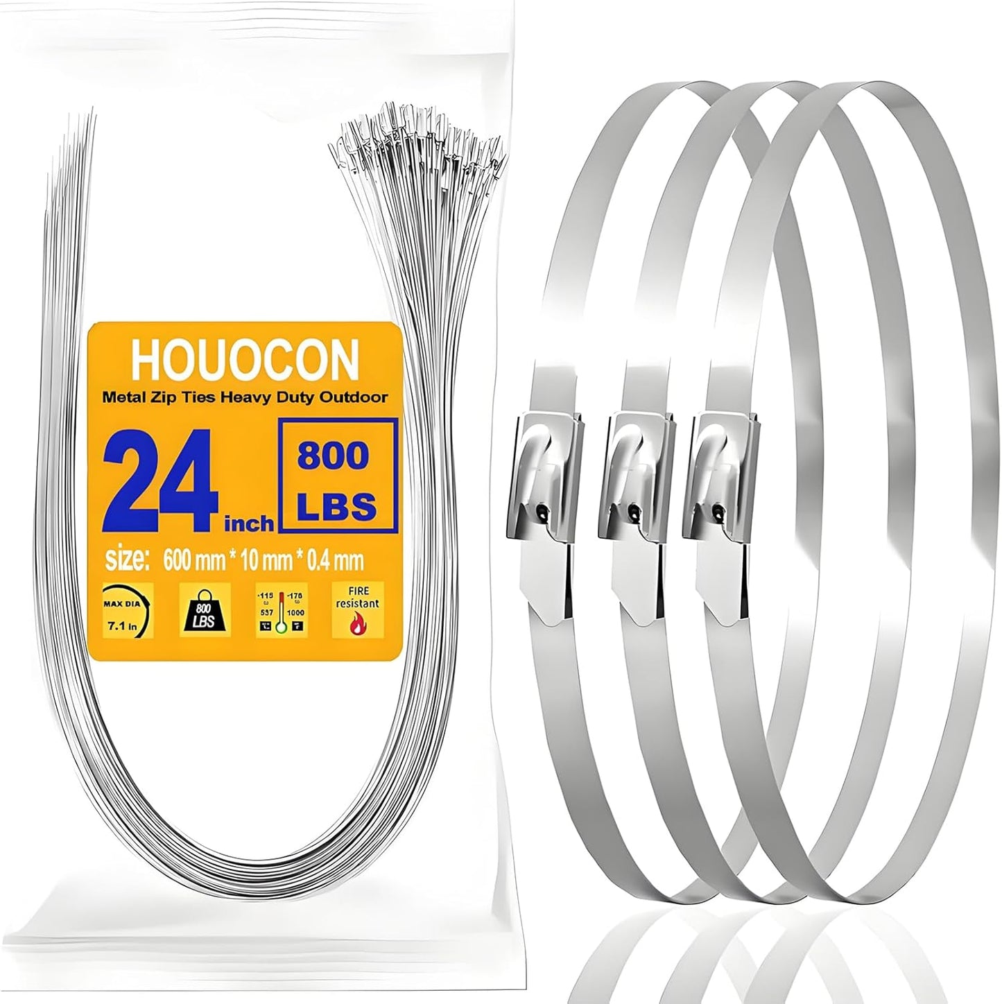 Metal Zip Ties Heavy Duty Outdoor, 800 Lbs 24 Inch Stainless Steel Zip Ties, 40 Pcs Self-Locking Metal Cable Ties, Strength, Ideal for Exhaust Wrap, Cables, Farms, Pipes, Roofs and Outdoor Fence