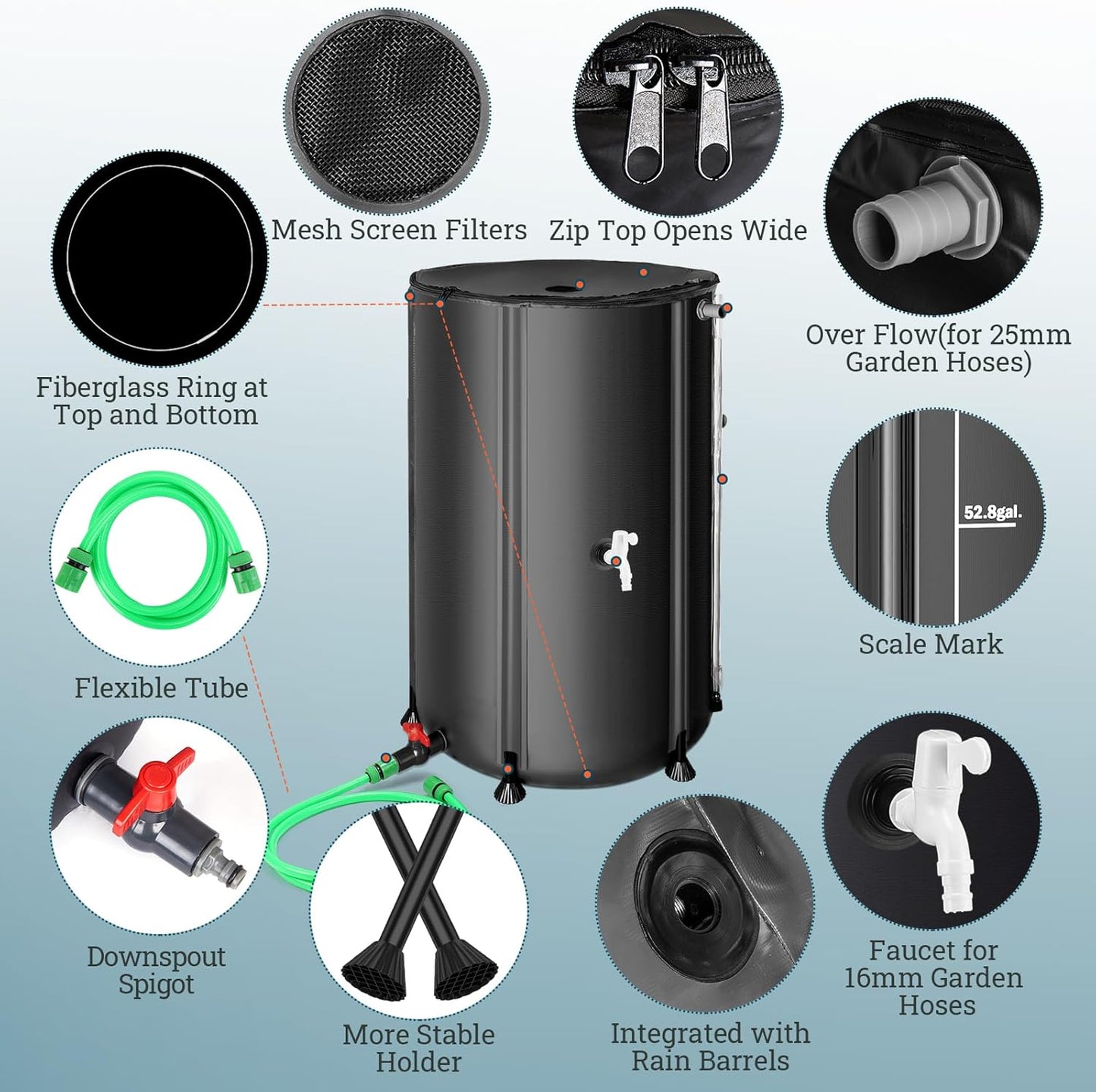 100 Gallon Collapsible Rain Barrel, SKM Portable Rain Water Collection Barrel for Garden/Outside/Lawn, PVC Rainwater Collection System Water Tank Storage Container with Spigots & Overflow Kit, Black