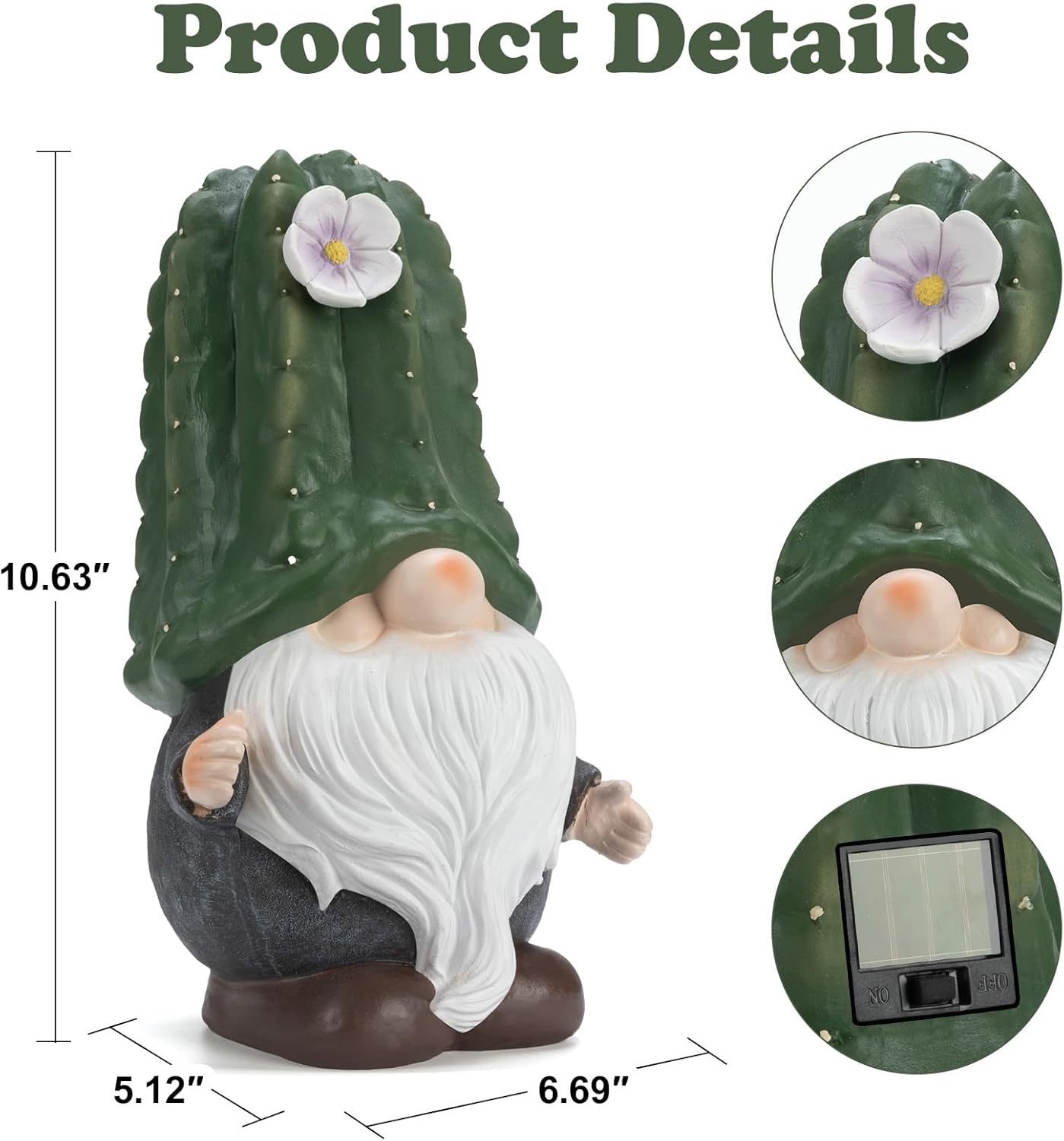Solar Cactus Gnome Statue Garden Decor Light - Outdoor Decorative LED Flower, Suitable for Patio, Lawnand Garden Decorations, Gifts for Mom