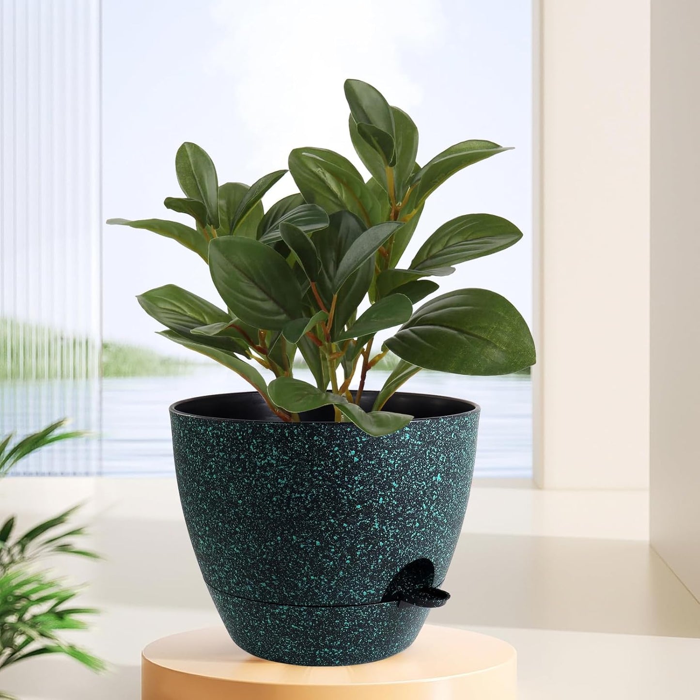 12 inch Large Self Watering Pots, Planter, Plant Pots with Mesh Drainage Holes for Indoor Outdoor House Plants and Garden, Plastic Flower Pots with Reservoir, Black with Green Speckles