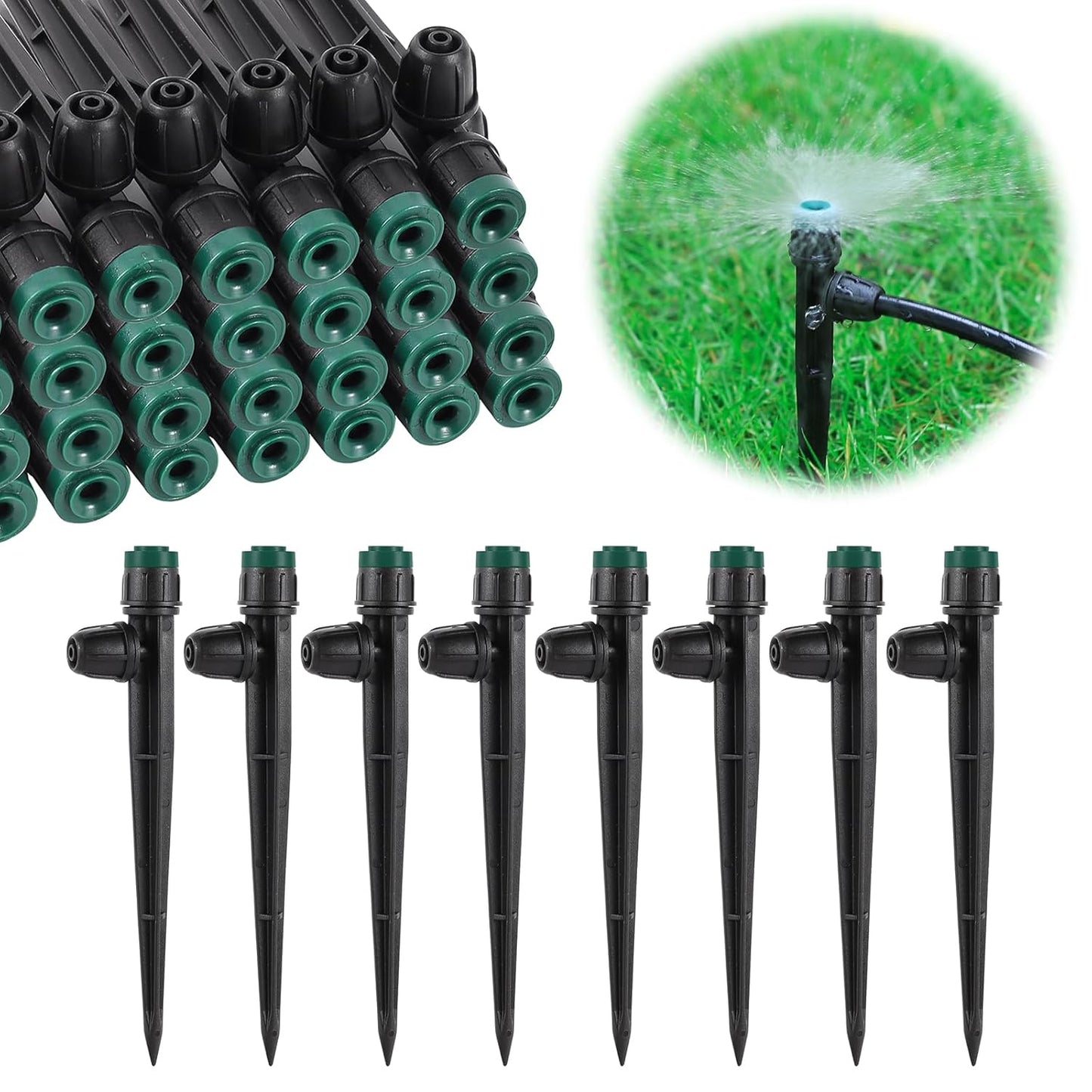 50pc Leak-Proof Drip Irrigation Emitters Sprayers for 1/4" Tubing, with Lock Barbed Adjustable 360 Degree Water Flow Drippers Sprayer for Garden Watering System. (50pcs-360 Degree Sprayer)