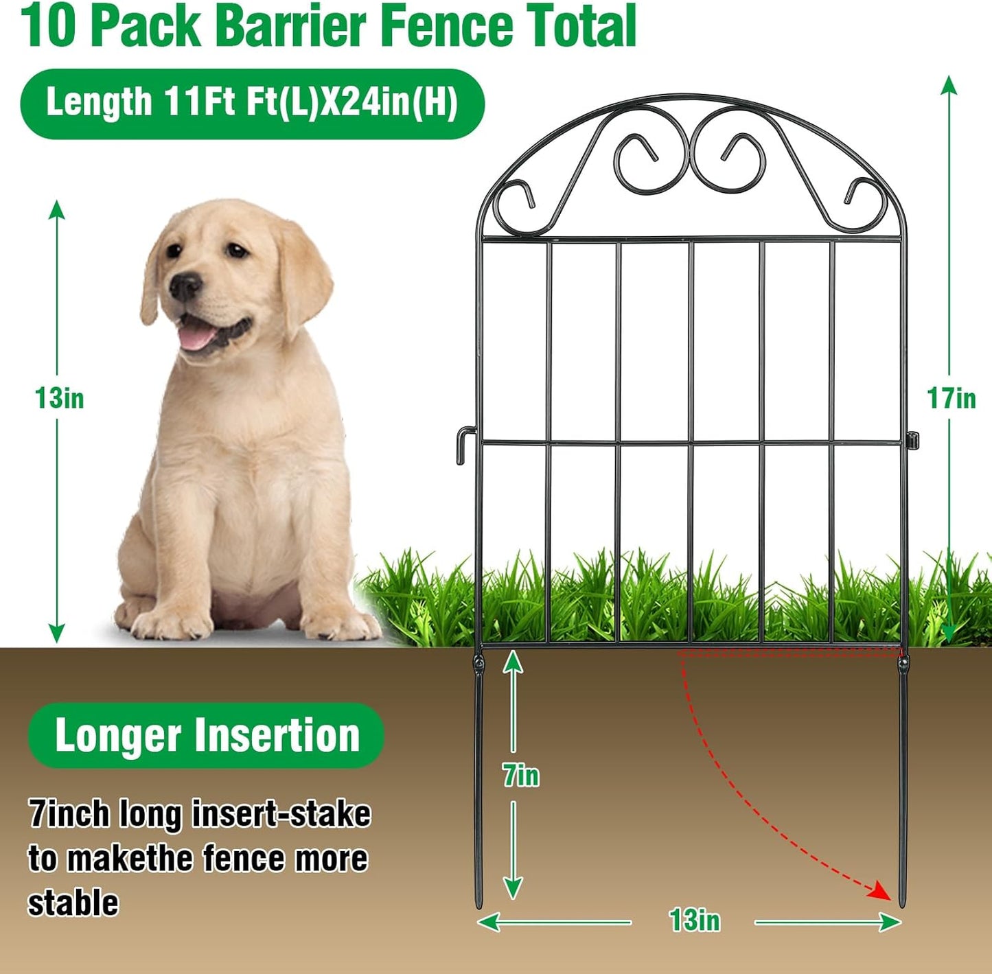 ADAVIN 10 Panels Collapsible Garden Fence Animal Barrier Fence,11ft(L) x 24in(H) Black Rustproof Metal Wire Panel Border for Dogs Rabbits, Flower Edging for Landscape Patio Yard Outdoor Decor, Arched