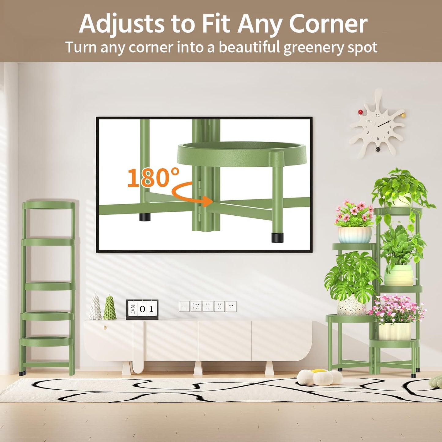 LASZOLA 5 Tiered Folding Plant Stand Indoor for Multiple Large Planter, Tall Heavy Duty Adjustable Rack with Rust Proof Plastic Shelving, Sturdy Vertical Tree Organizer for Narrow Inside Floor, Green