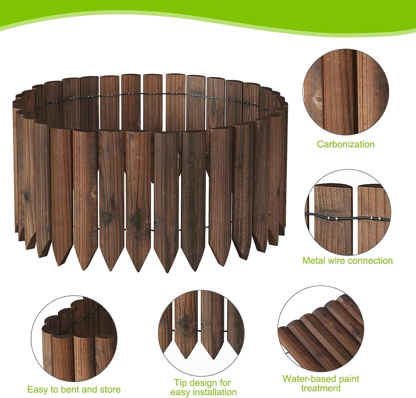 Wood Garden Edging Border Wooden Short Fence Landscape Edging Anti Corrosive Lawn Fence Border with Gloves Decorative Flower Bed Border for Yard Patio Pathway Tree Outdoor-47.2" L X 11.8" H (1PACK)