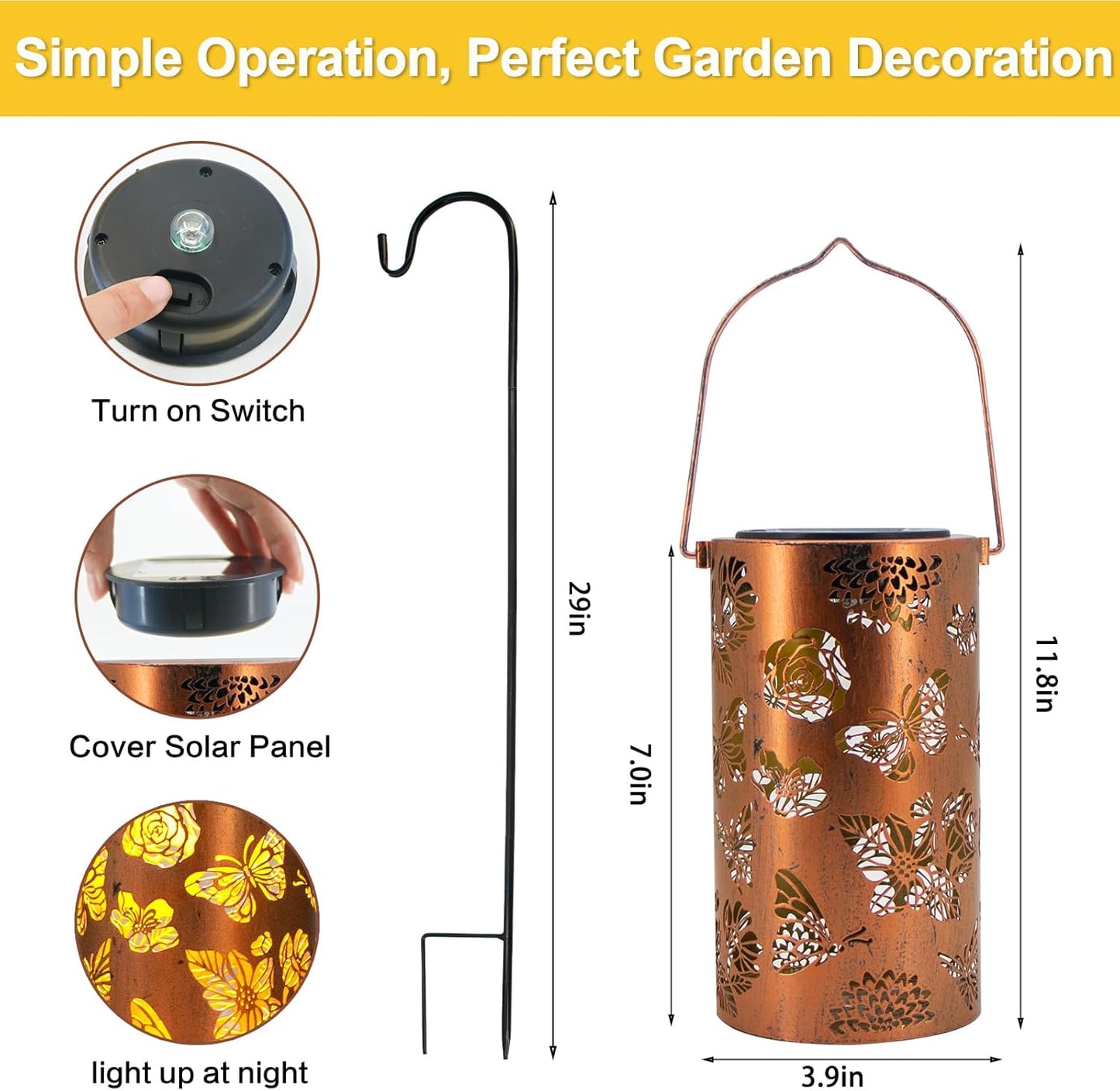 Solar Lanterns Outdoor Waterproof Butterfly Birthday Gifts for Women Mom Grandma Garden Decor Flower Metal Hanging LED Decorative Light for Patio Yard Lawn Backyard Front Porch Gardening Gifts