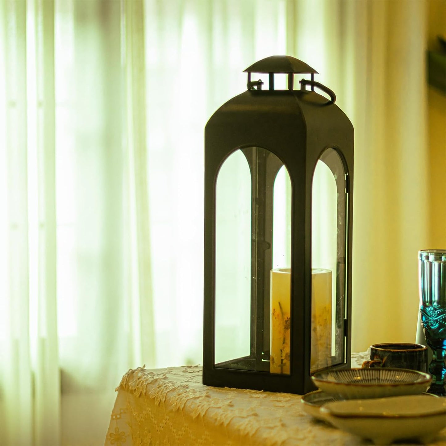 Bdor 2 Pack Large Luxury Lantern Decorative Tall 20 Inches Black Metal Hurricane Lanterns with Tempered Glass Panels for Front Porch,Tabletop, Mantle, Wall Hanging, or Garden, Indoor & Outdoor Décor