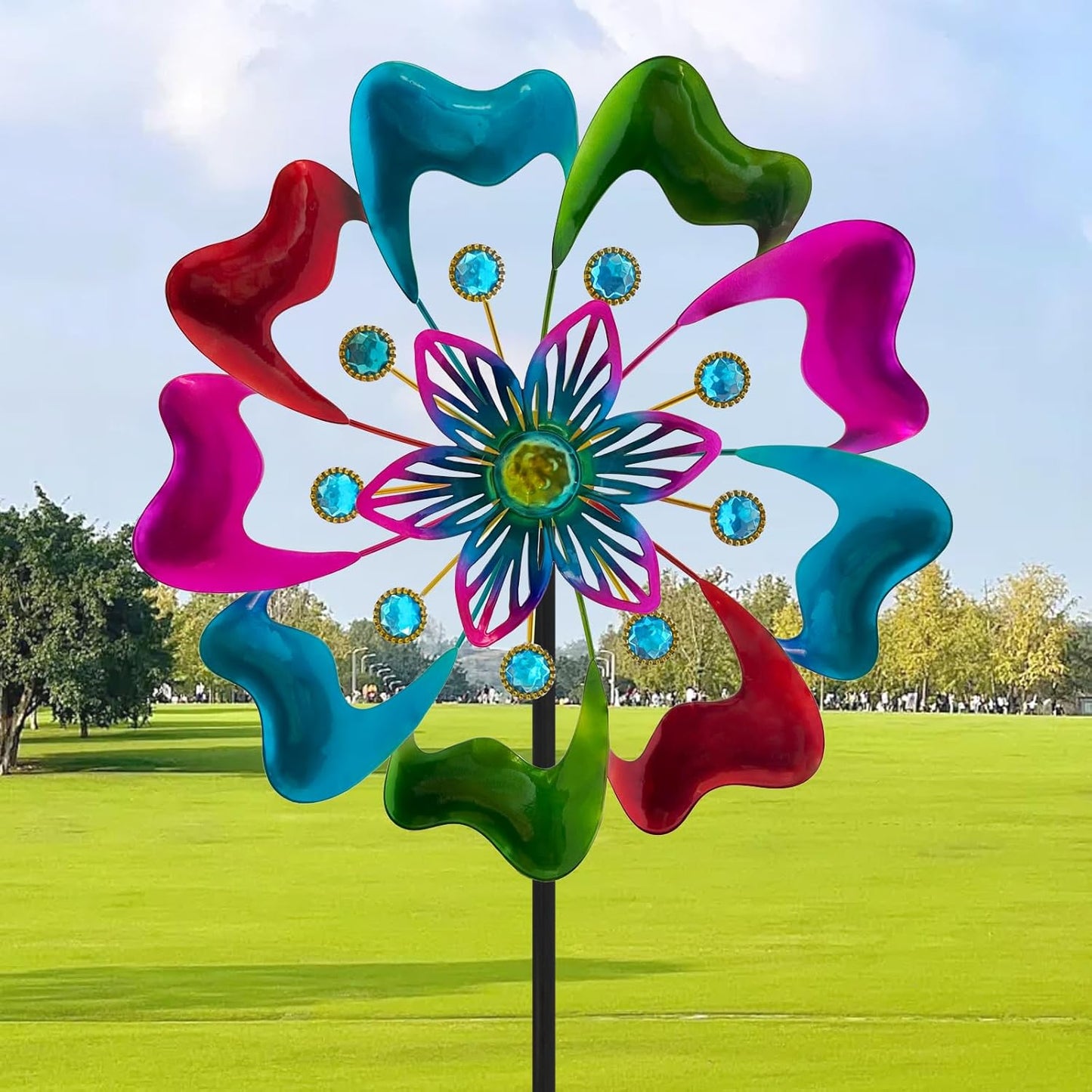 45" Flowers Wind Spinners for Yard and Garden, Sapphire Colored Leaves Kinetic Wind Spinner Outdoor Decor, Wind Sculpture Yard Art Decorations for Patio, Lawn & Garden
