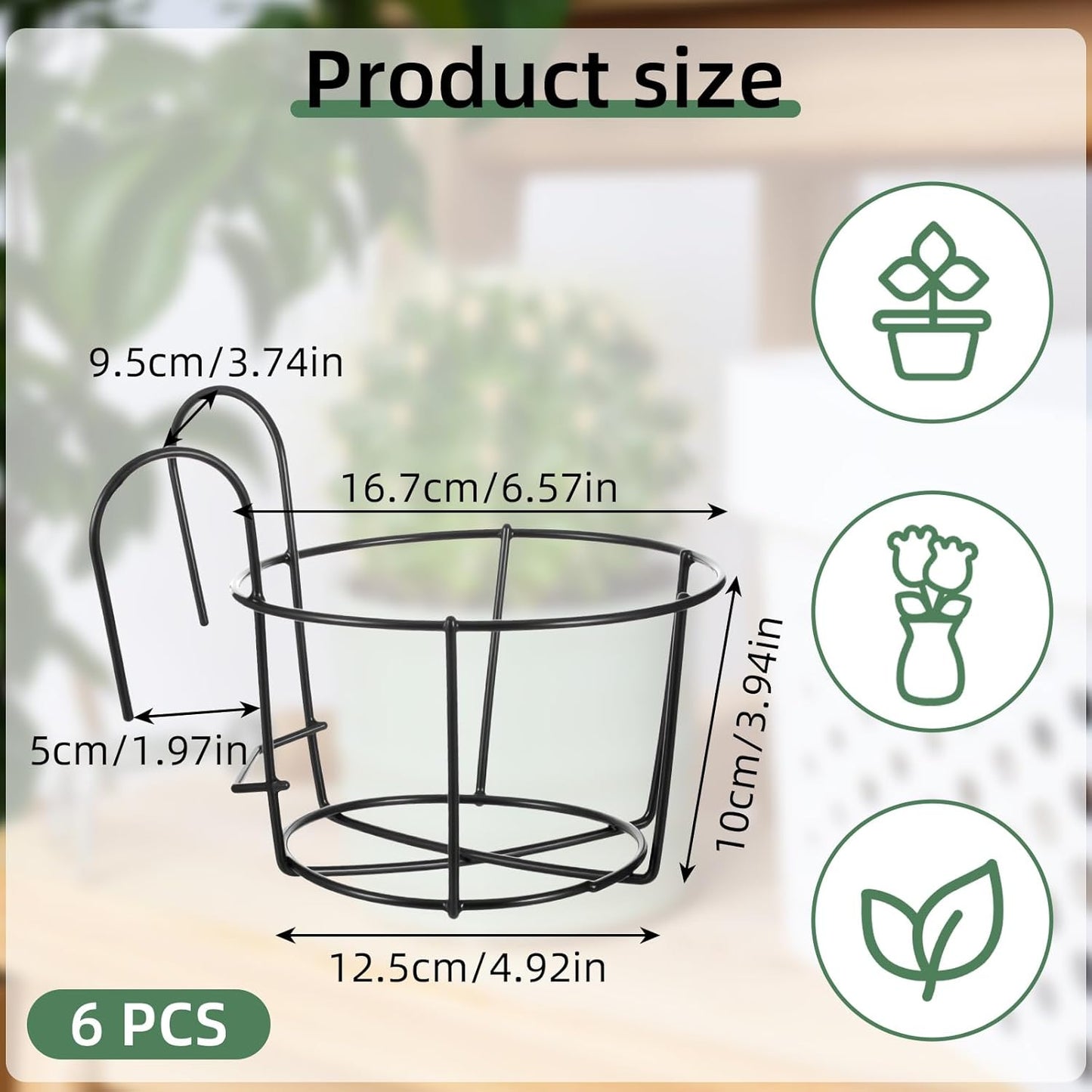 6 PCS Hanging Railing Planter, Balcony Hanging Planters, Metal Railing Planter - Black Iron Flower Pot Holders for Outdoor, Garden, Fence, Porch