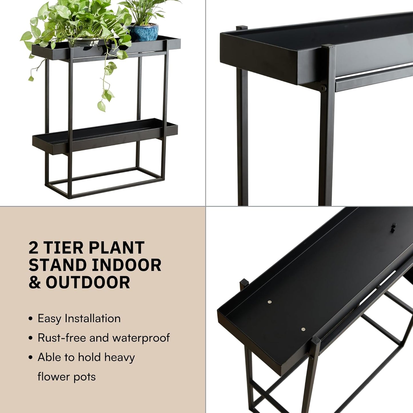 2 Tier Plant Stand Indoor Outdoor - 29 x 9 x 28 Inches Plant Shelf for Home and Office Decor - Narrow Plant Stand for Lawn, Patio, Balcony and Living Room - Heavy Duty Iron - Black