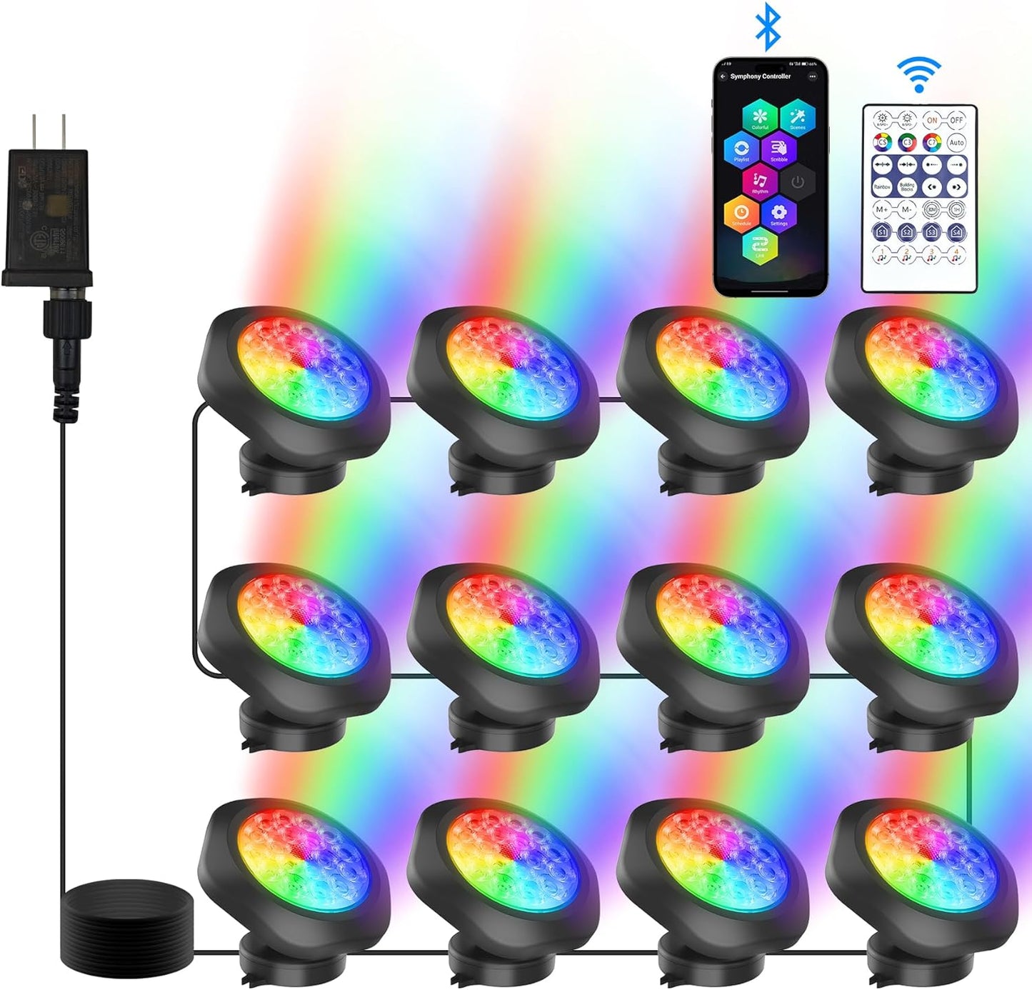 RGB Underwater Pond Lights, Super Bright 18 LED Submersible Fountain Lights Color Changing Spotlights, Bluetooth APP Control IP68 Waterproof for Fish Aquarium Tank Garden Yard Pool(Set of 12)