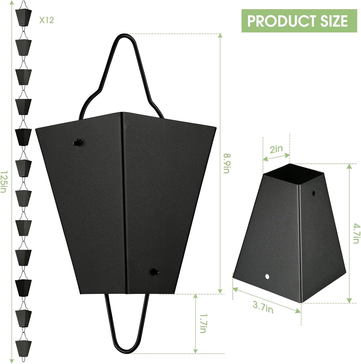 TE DEUM Square Link Rain Chain, 8.5 Feet Length, 3.7inch Big Size Cup, Black Powder Coated, Functional and Decorative Replacement for Gutter Downspouts, V Gutter Clip Included, Black