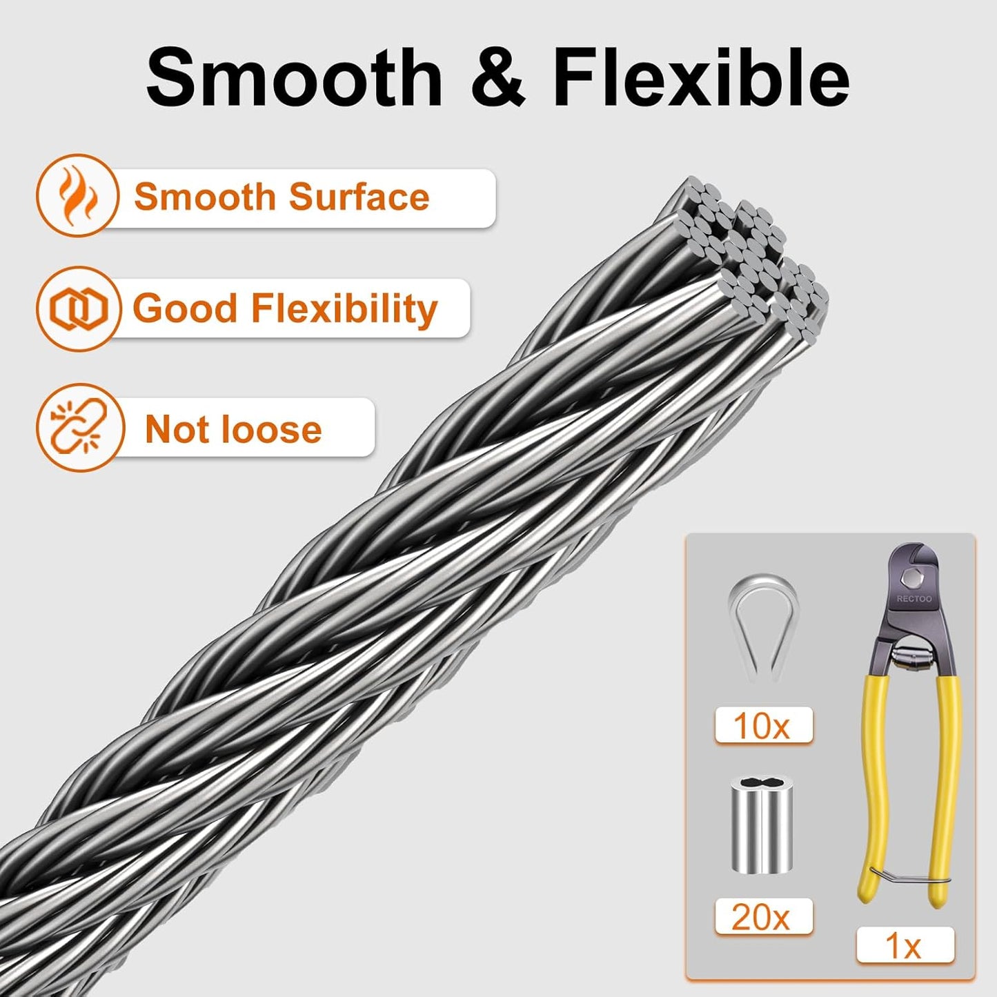 1/8" Wire Cable, 200ft Wire Rope Metal Cable with Loop Sleeve, Steel Thimble Cutter, 7x7 Marine Stainless Steel Strand Core Perfect for Deck Railing System, Outdoor Hanging kit, Garden Fence
