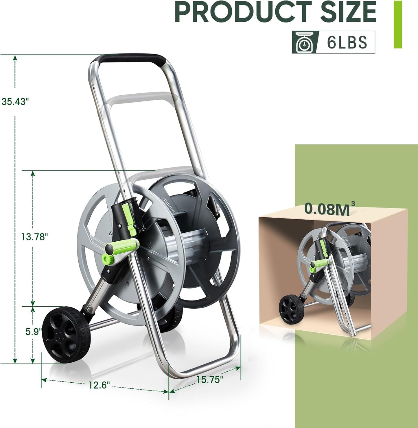 Garden Hose Reel Cart, Holds 75-150 Feet of 5/8-Inch Hose, Portable Hose Reel Cart With Wheels,Adjustable Handrail, Quick Hose Connector