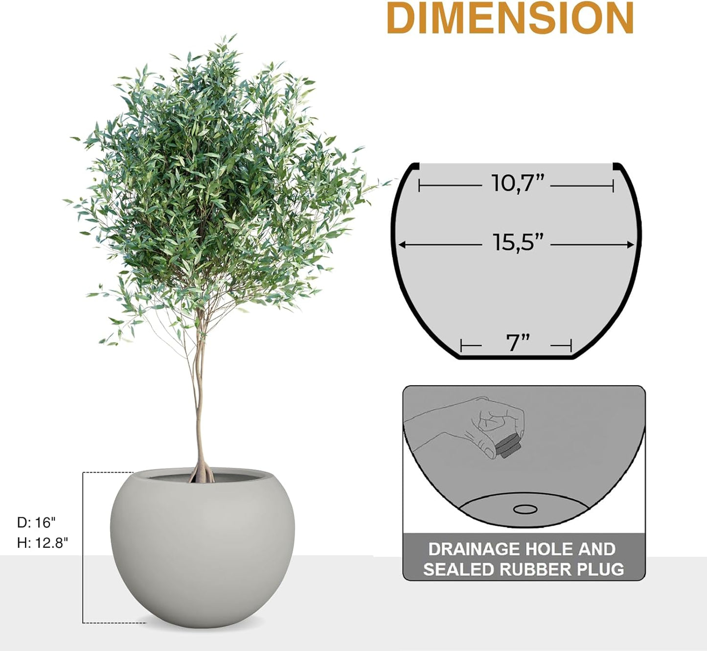 Globo Large Fiberstone Plant Pot, Large Planters for Indoor Plants, Outdoor Planters for Porch (Light French Gray, 16" D x 12.8" H)