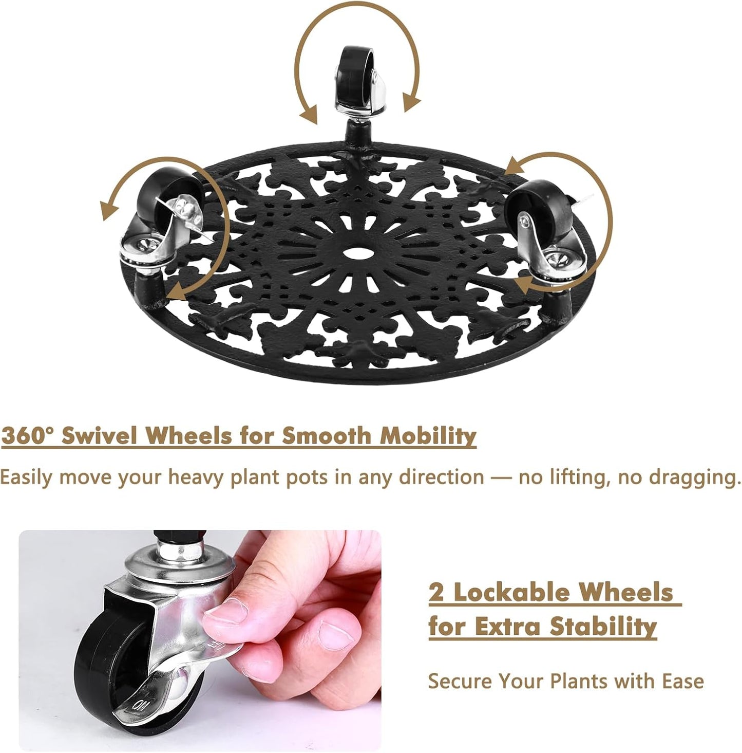 2 Pack Plant Caddy with Wheels 14 Inch Rolling Plant Stand for Large Plants Heavy Duty Plant Rollers Metal Plant Dolly Rustproof Planter Stand Wrought Iron Plant Stands Flower Cart Indoor Outdoor