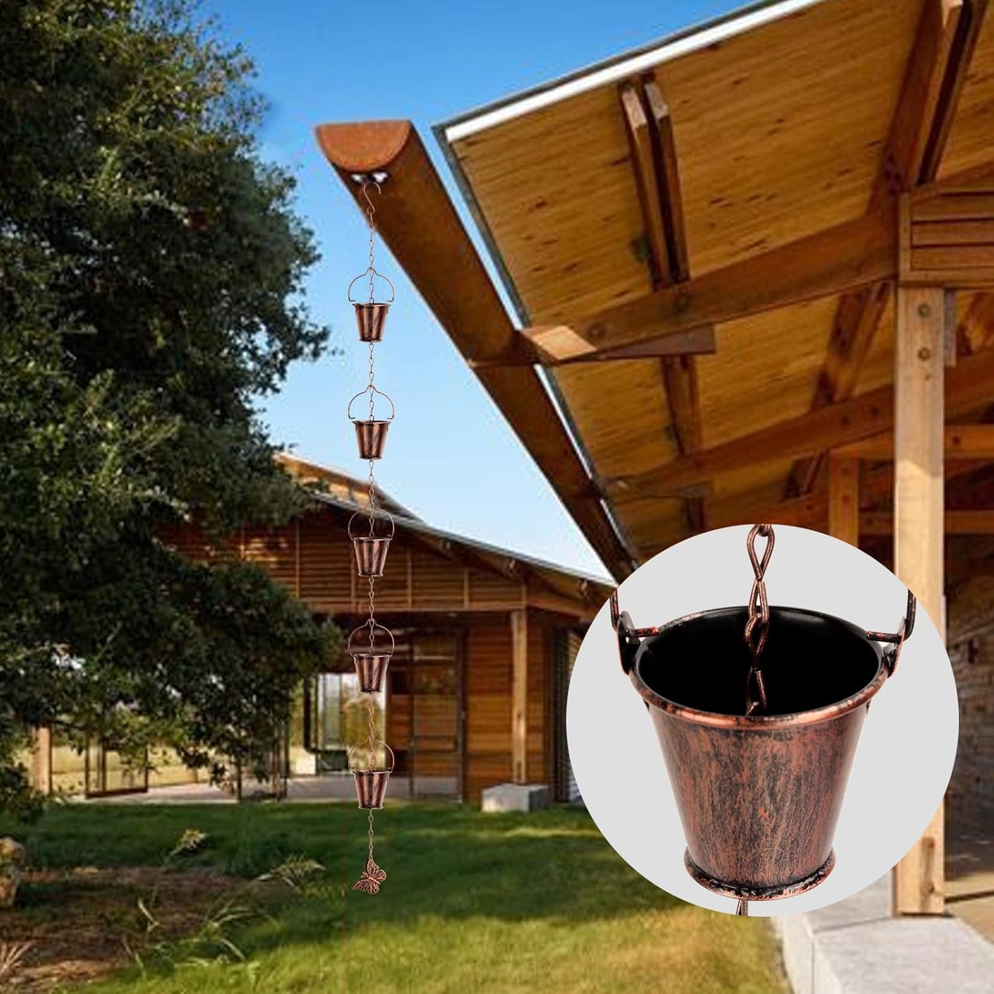 Rain Chain for Outside with Adapter,Wrought Iron Rain Chains 9 FT Set,Rain Chains Gutter with Brown Rain Chain 16 Cup and Decorative Hangers