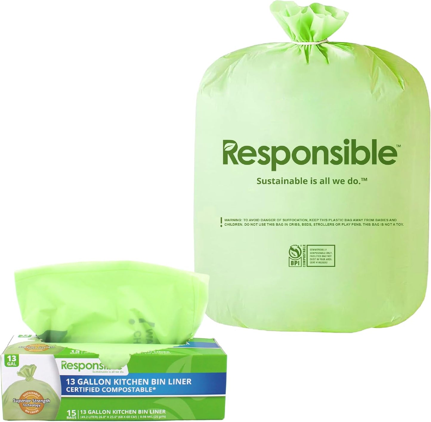 Kitchen Bin Liners, Certified Compostable, Heavy Duty Multipurpose Food Scrap Bags, Made from Compostable Materials (13 Gallon, 13 Gallon (15 Count))