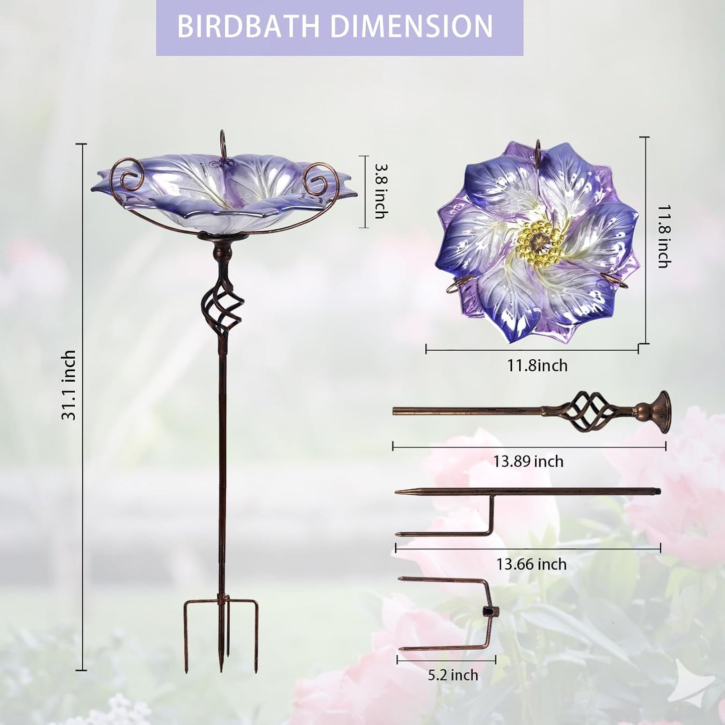 VCUTEKA Glass Bird Bath Outdoor BirdBath Bird Feeder with Metal Stake Garden Decor, Purple