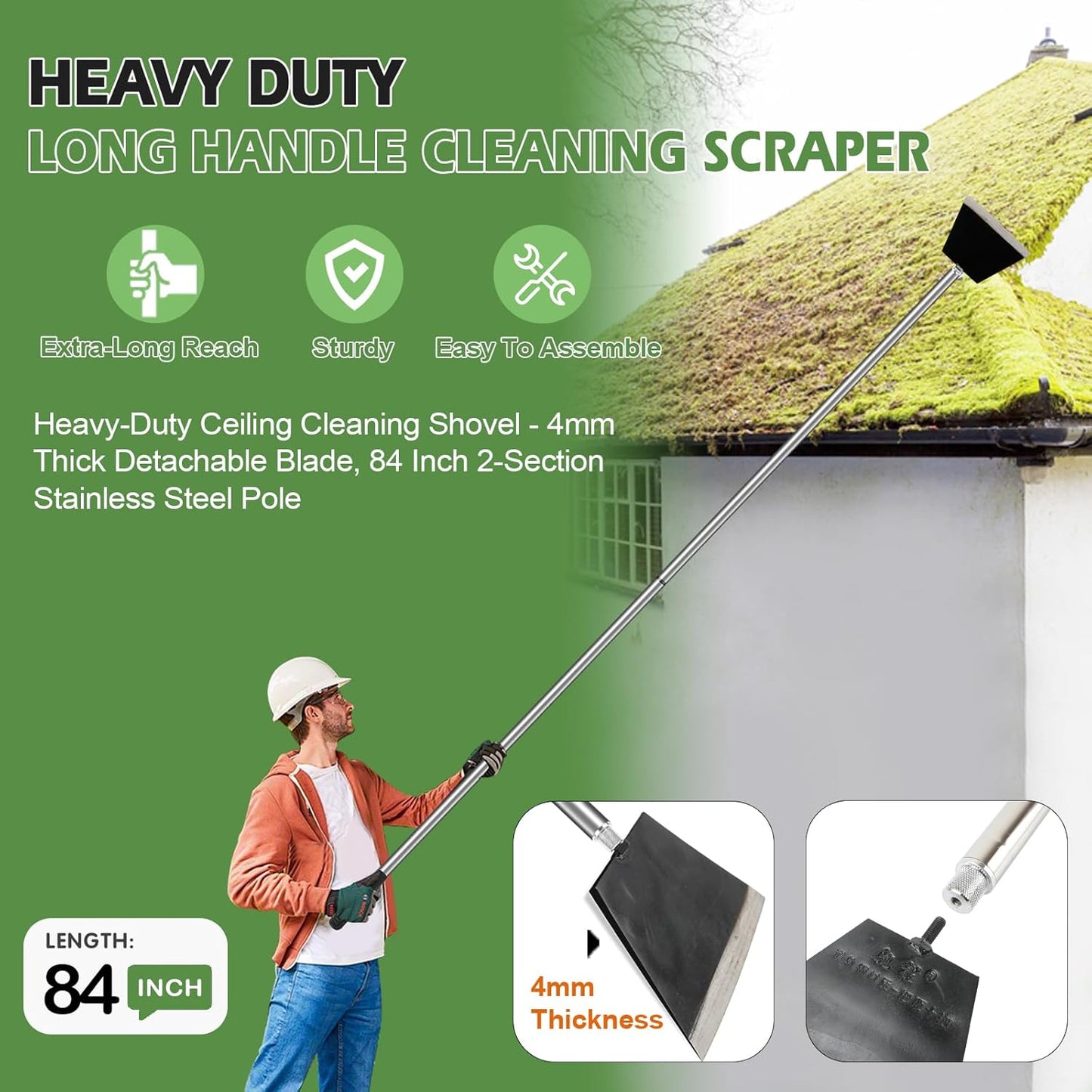 84" Garden Shovel Cleaning Floor Scraper, Weed Removal Tool, Long Handle with Heavy Duty Sharp Blade for Ice Roof Back Yard Sidewalk Grass Walls Glass Tile Painting Stripping Tools