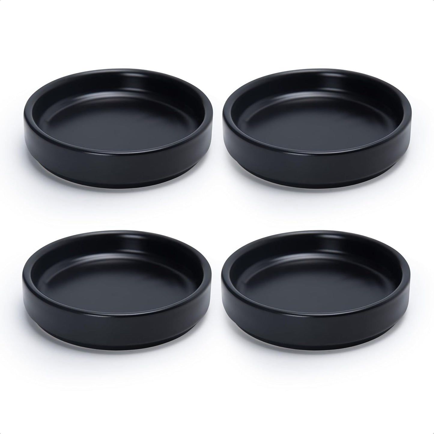 D'vine Dev Modern Round 3.7 Inch Ceramic Plant Pot Saucer, Planter Pot Drainage Tray for Indoor Plants, Set of 4, Matte Black, 97-T-B-11