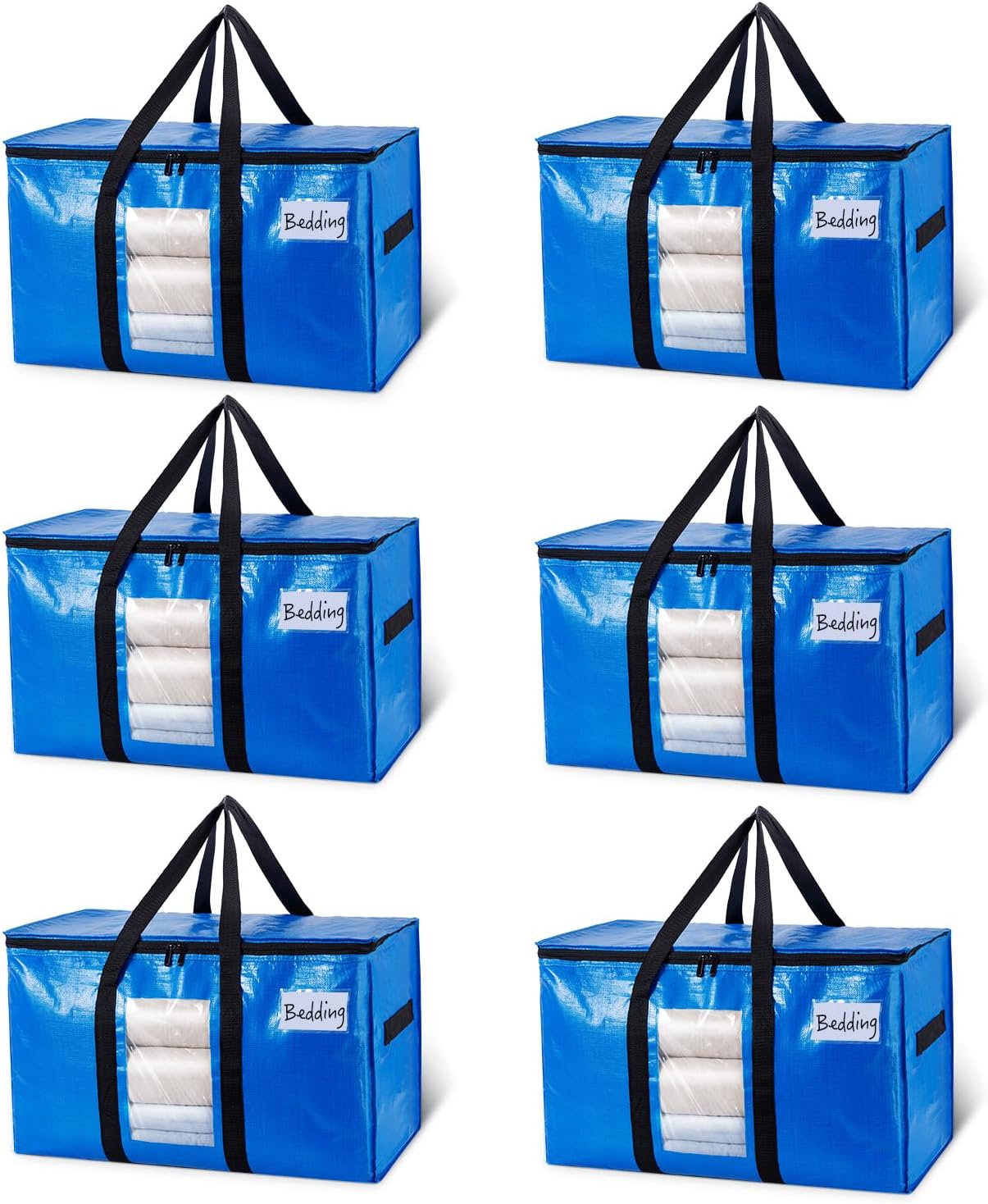 TAILI Extra Large Moving Bags, 6 Pack Blue Heavy Duty Totes For Storage with Visible Window, Wrap Around Handles, Storage Bags for Space Saving, Alternative to Moving Boxes