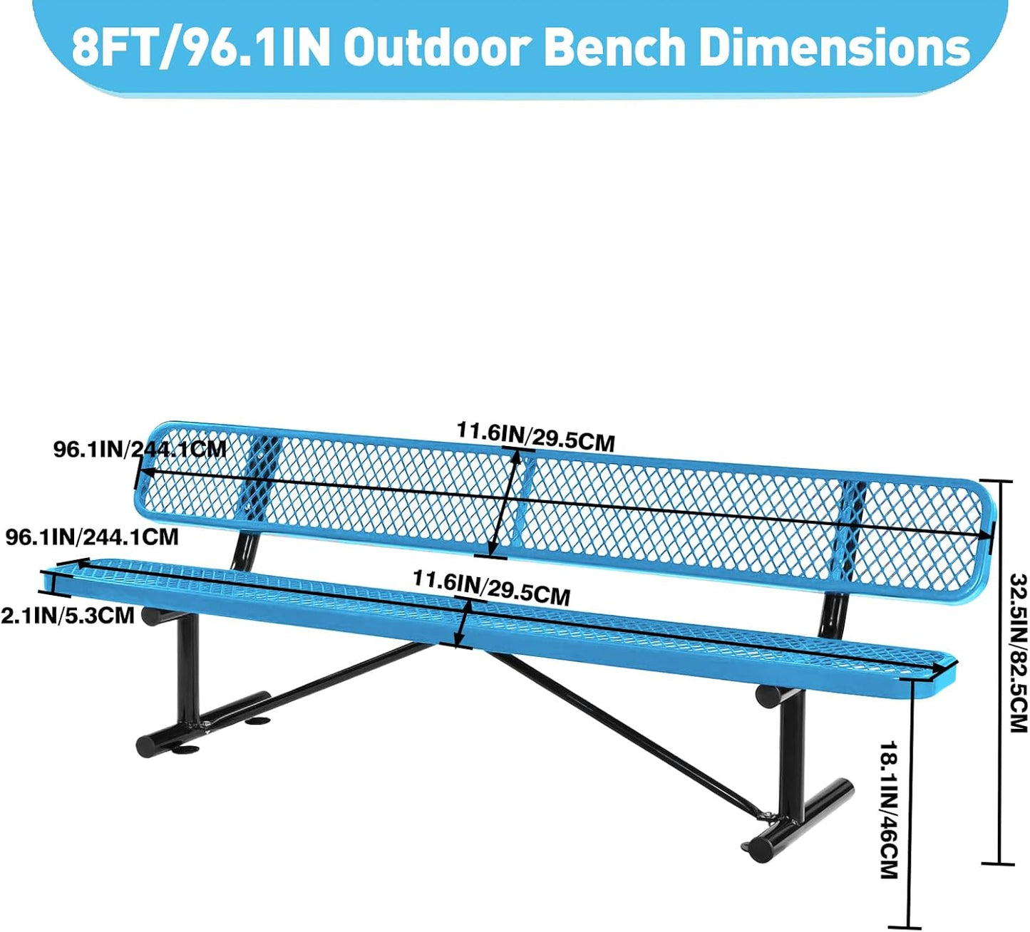 8Ft Outdoor Bench with Blue Portable Frame, Outdoor Steel Park Bench with Backrest, Expanded Metal Mesh Bench for Outside, Lawn, Backyard, Park, Deck, Garden, Patio, Porch, Blue