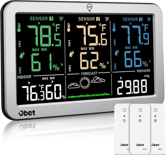 Weather Stations with 3 Sensors Indoor Outdoor Thermometer Wireless Large Display Adjustable Backlight with 500 feet Range Silver