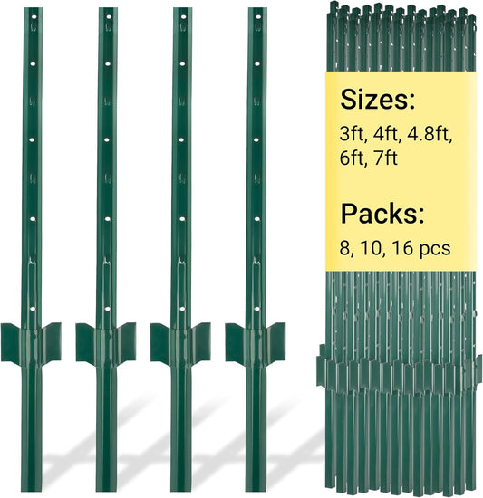 Fence Post 4 FT - 10 Packs, Metal Heavy Duty U Posts, Powder-Coated for Long-Lasting Use, Perfect for Holding Wire &Plastic Mesh, Corner Anchors, Green