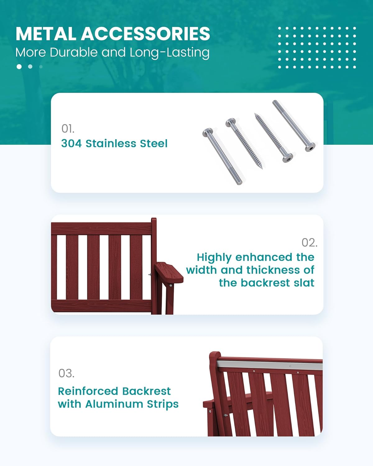 SERWALL Outdoor Bench, HDPE Outdoor Benches Weatherproof, 2-Person Garden Bench with 660 lbs Weight Capacity, Patio Benches for Outdoors, Garden, Porch, Backyard and Park, Red, 4 Pack