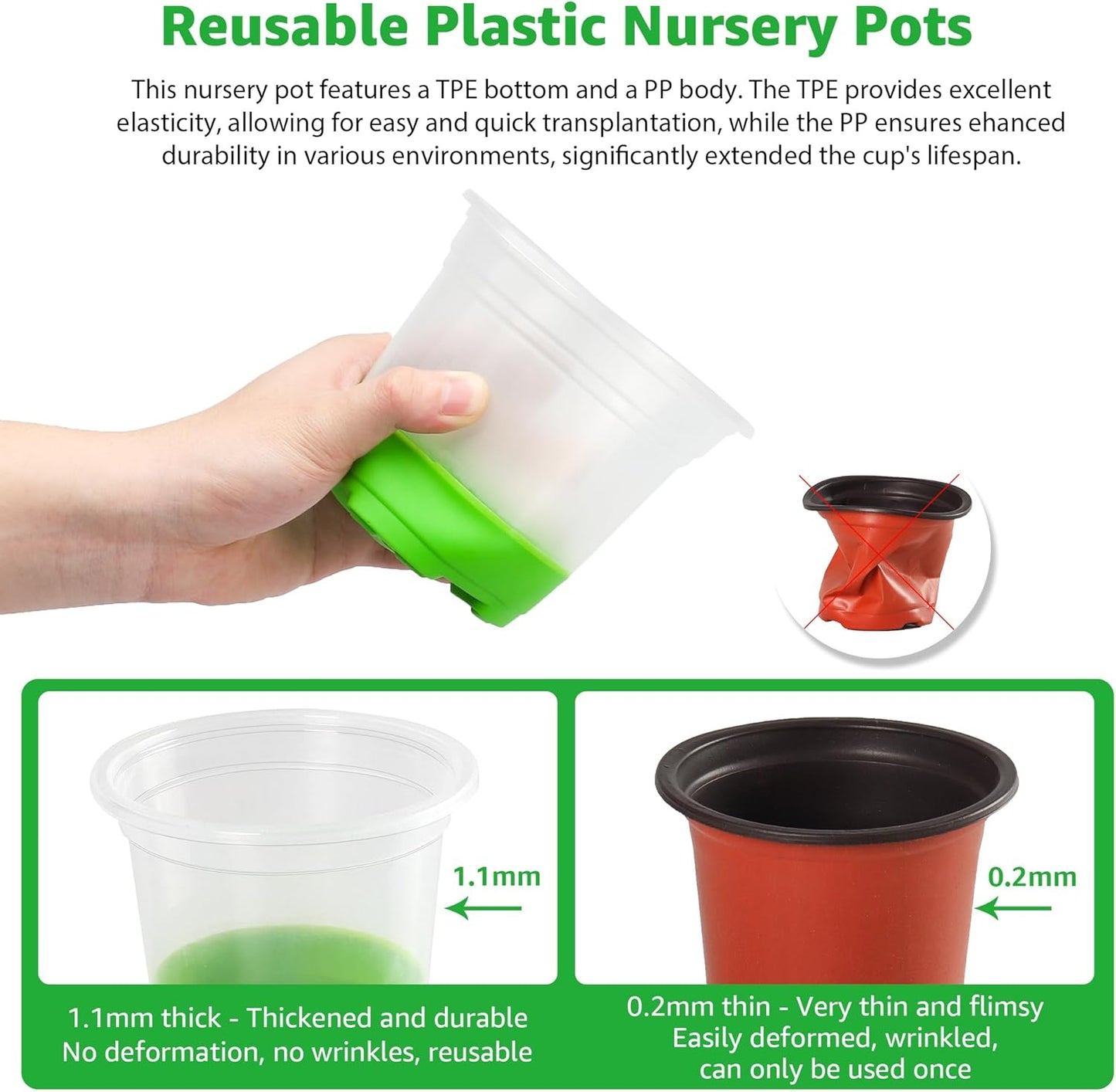 MIXC 30 Packs 5 Inch Reinforced Nursery Pots with Silicone Base for Easy Transplant, Variety Pack Plastic Plant Pot Seedling Planter Seed Starter Flower