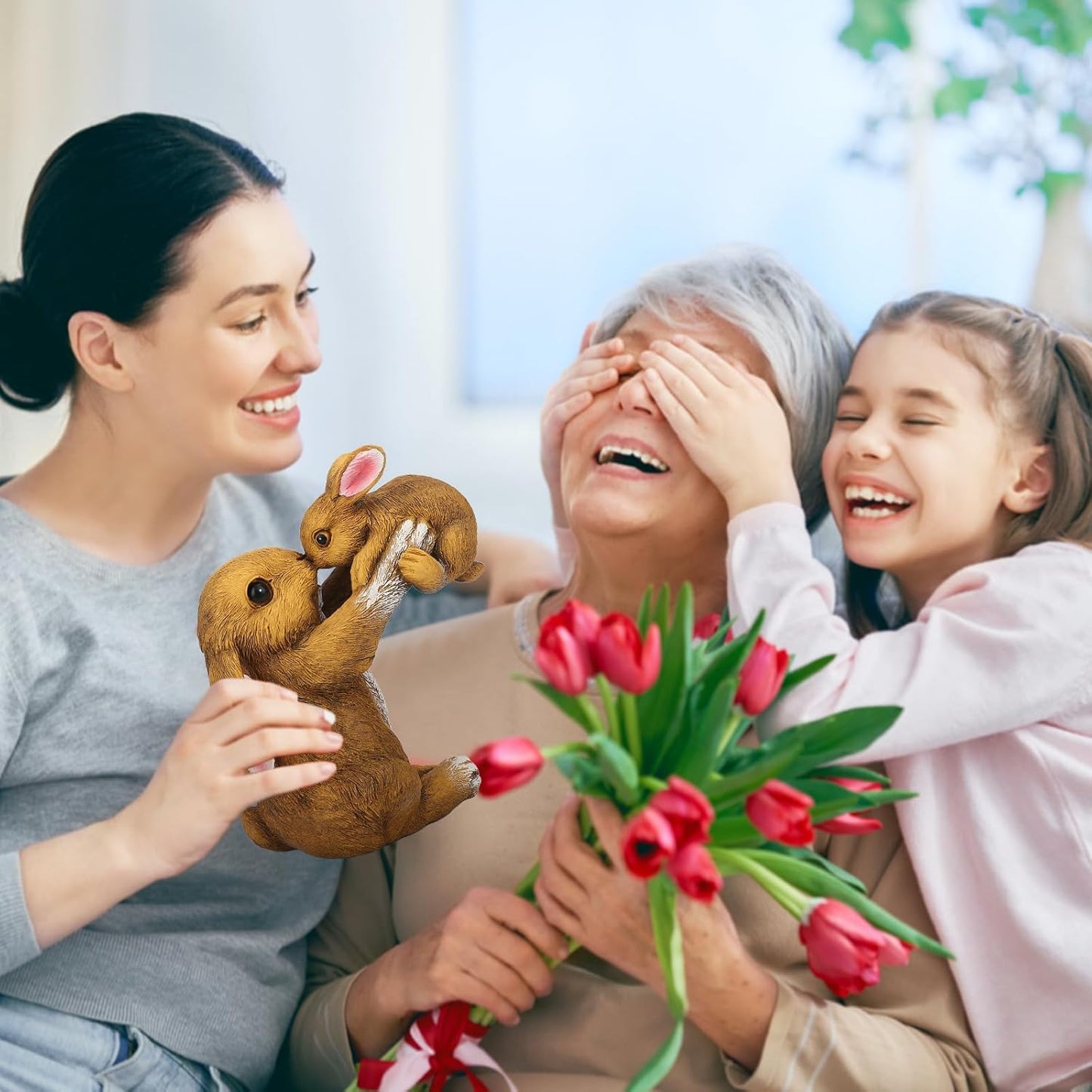 Bunny Decor for Garden, Family Rabbit Figurine Statue for Table Decorations, Adorable Outdoor & Indoor Rabbits Decoration, Gifts for Mom and Women