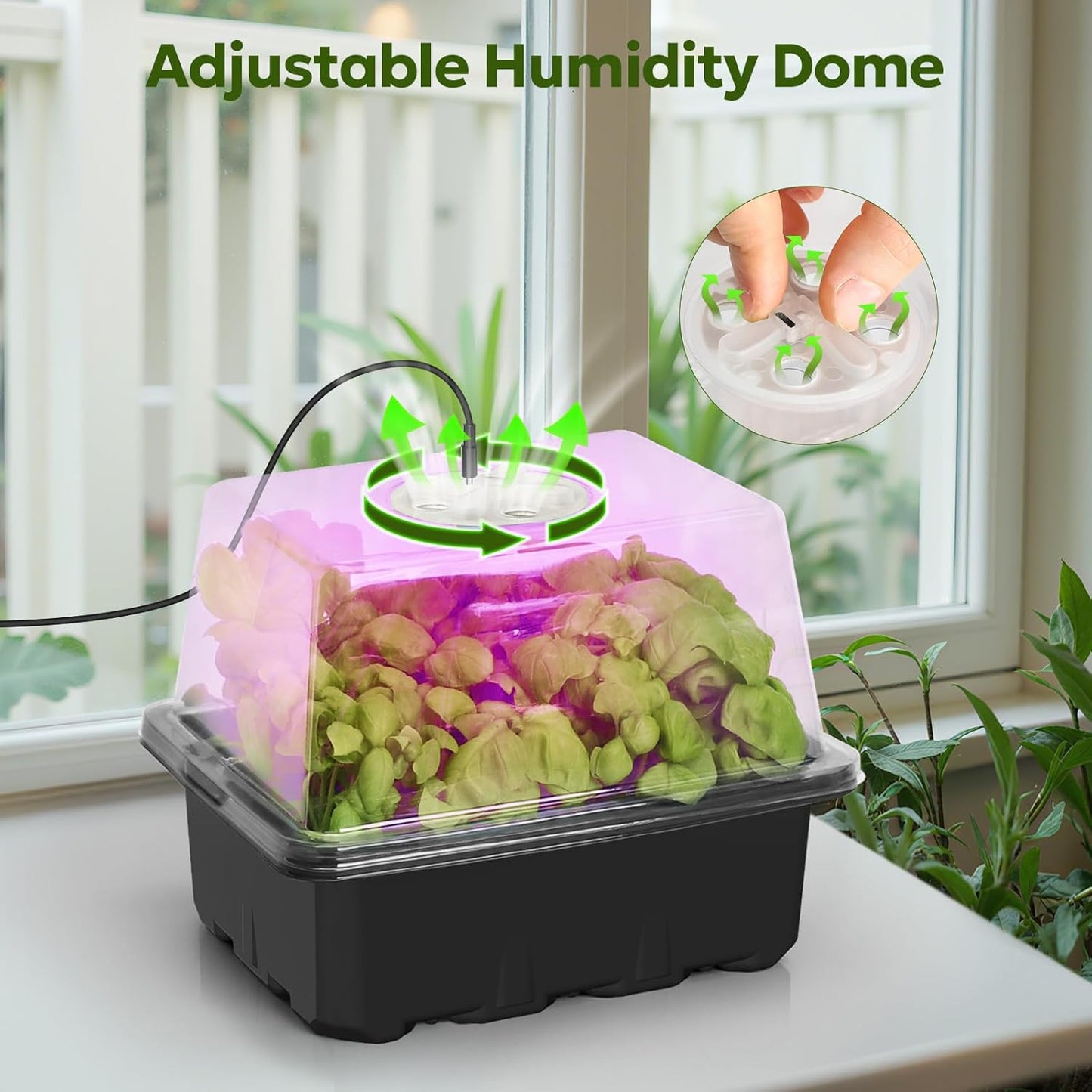 MIXC Seed Starter Kit with Grow Light, Elevated Seedling Tray Kit with Adjustable Humidity Dome and Clear Cell Tray, 12 Full Spectrum Led Beads for Seed Starting Greenhouse, 6 Pack, Black