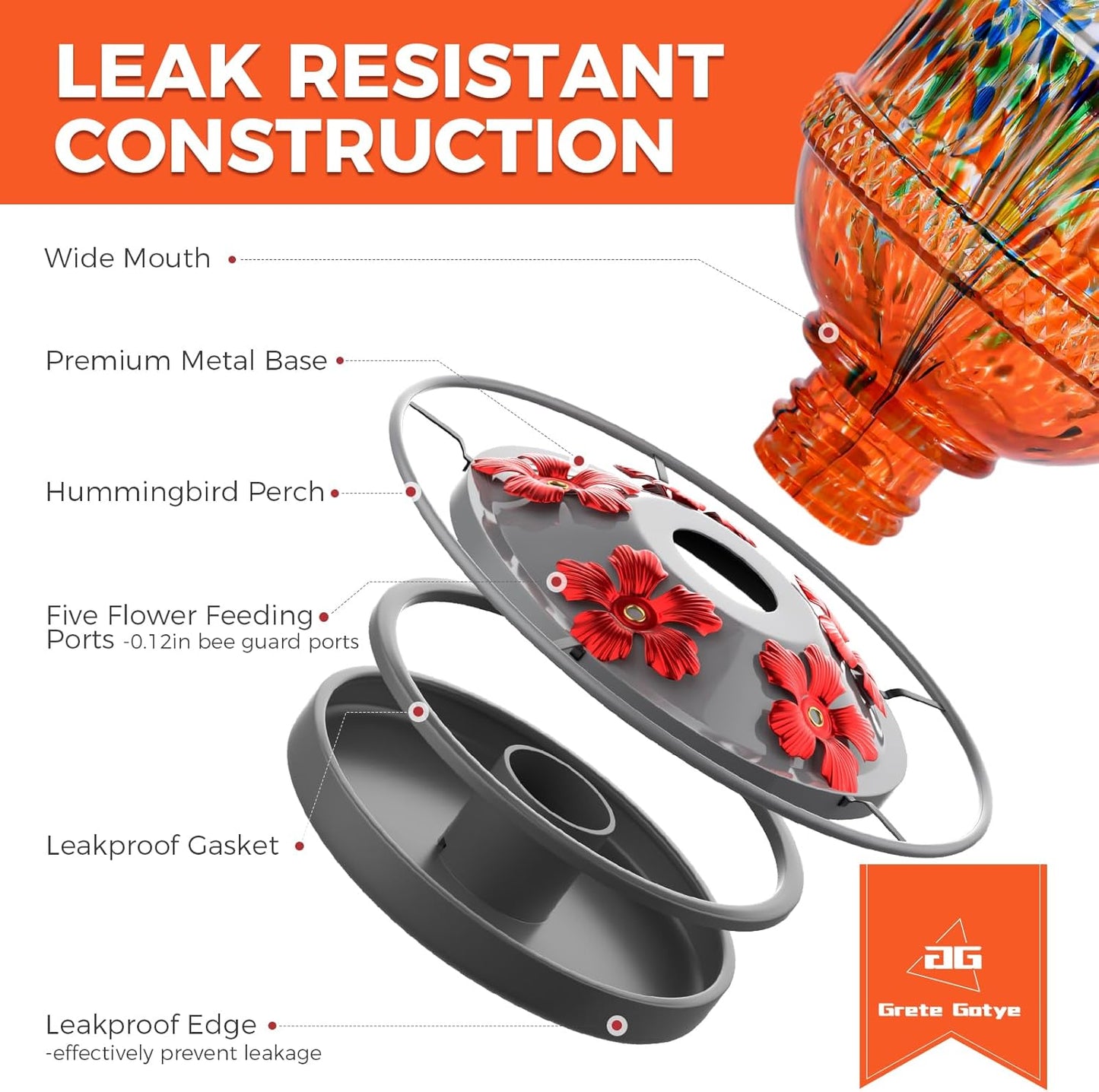 Blown Glass Hummingbird Feeders for Outdoors, 25 Ounces Wild Bird Nectar Feeder with Perch & 5 Flower Feeding Ports Leak Proof Hanging for Garden Backyard Decor, Gifts for Women Mom, Orange