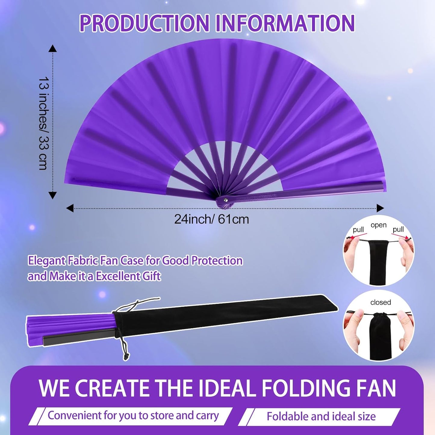 Blulu 4 Pcs 13 Inch Large Folding Hand Fans for Line Dancing Big Clapping Popping Raves Fans Bulk for Dancing Boots on The Ground Festival Party Decoration(Classic Style, Black, Purple, Pink, Blue)
