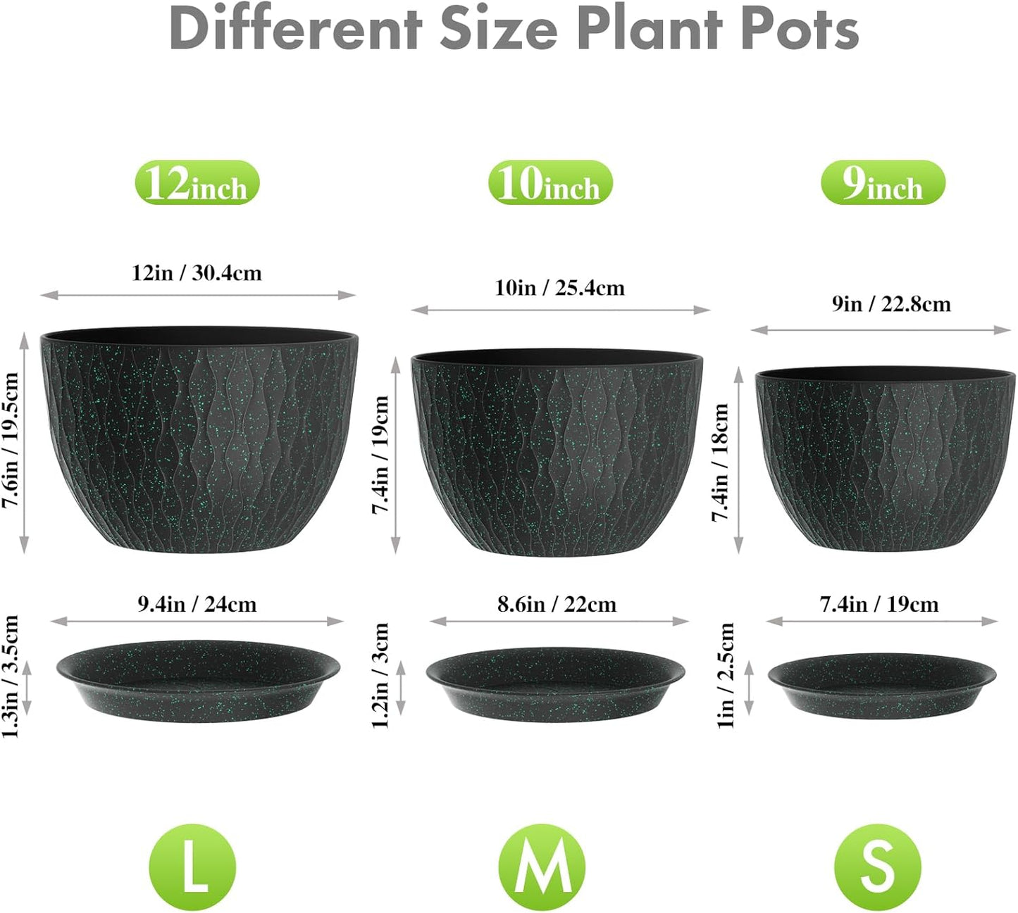 12/10/9 inch Large Plant Pots, 3 Pack Wide Flower Pots for Outdoor Indoor Plants, Water Ripples Plastic Planters with Drainage Holes and Saucers for Garden Hourse, Black with Green Speckles