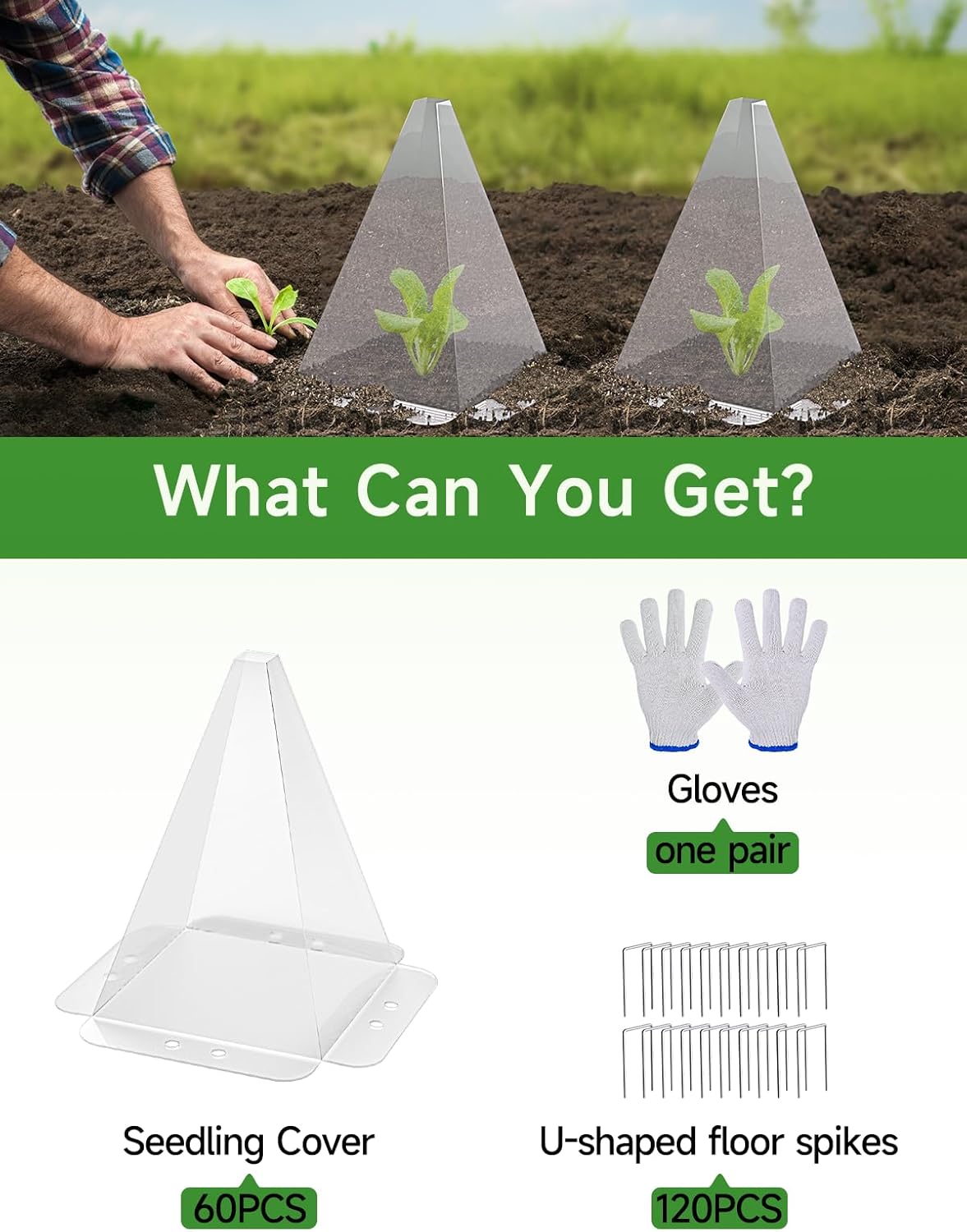 20 Pack Garden Cloches for Plants - Clear Reusable Plastic Seedling Covers with 40 Metal Stakes - Mini Greenhouse Plant Bell Covers for Frost, Sun, Pests Protection(7.8" x 11")