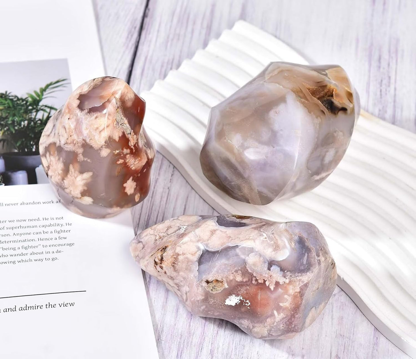 AMOYSTONE Cherry Blossom Agate Flame Shaped Stone Towers Obelisk Flower Agate Natural Healing Crystal Quartz Reiki Energy Decoration Home Office 1.5-2.2LBS