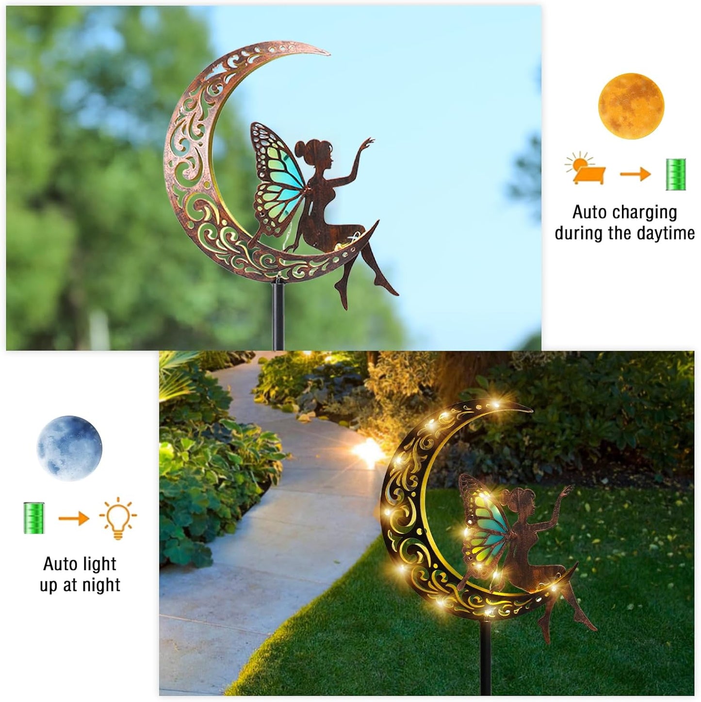 Bshine Moon Solar Light Outdoor Garden Decoration,2 Pack Moon Fairy Garden Statue Outdoor Decor,Metal Waterproof Light Stake for Patio, Path, Yard and Lawn Ornament, Housewarming Gift for Mom