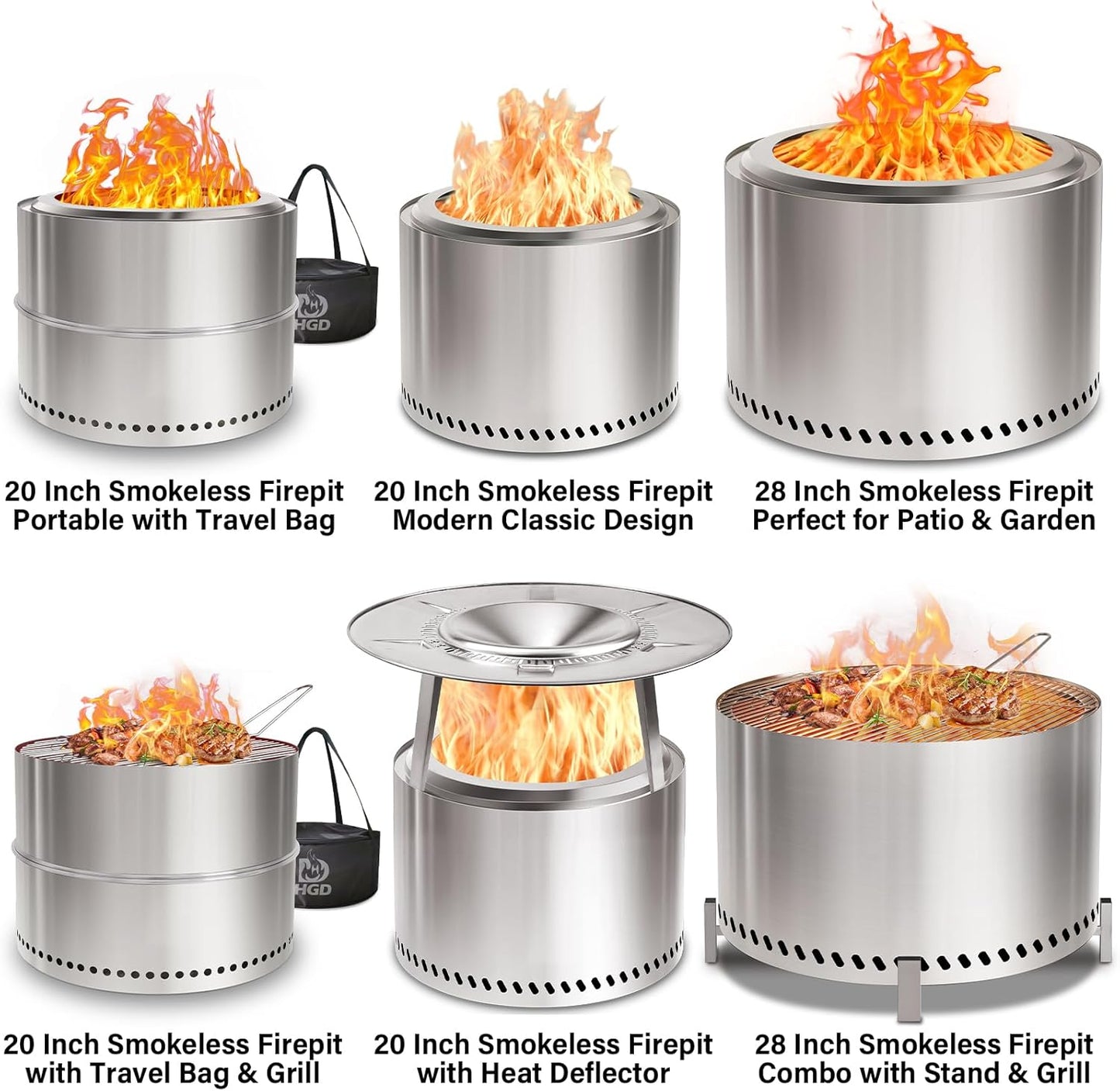 HGD 16 inch Smokeless Firepit, Stainless Steel Fire Pits, Smokeless Fire Pit for Outside with Carry Bag for Camping Backyard Patio Garden Picnic