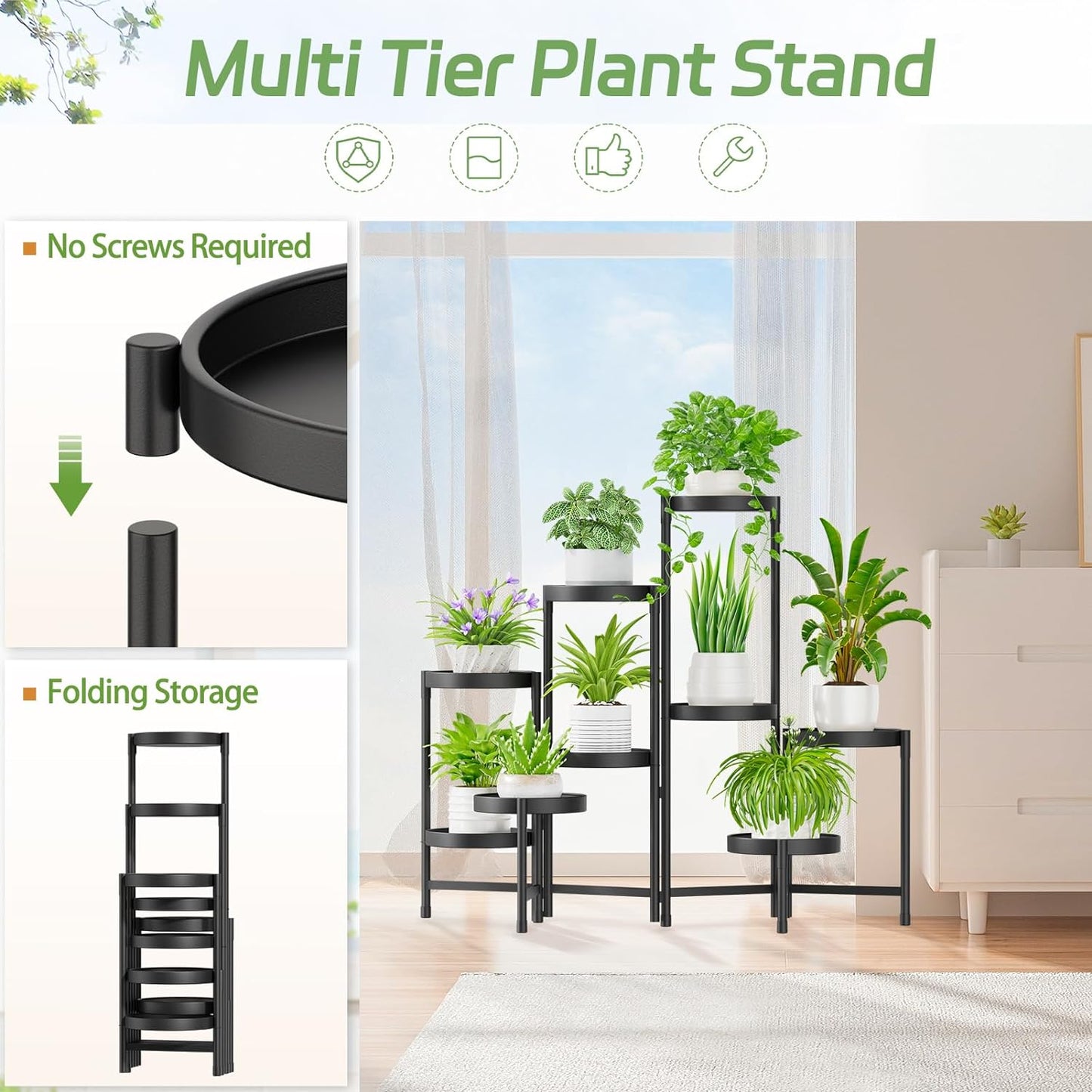 iDavosic.ly Plant Stand Indoor Outdoor, 9 Tier Corner Metal Flower Display Holder Shelf, Folding Tall Orchid Rack for Patio Balcony Porch Garden Living Room House, Black