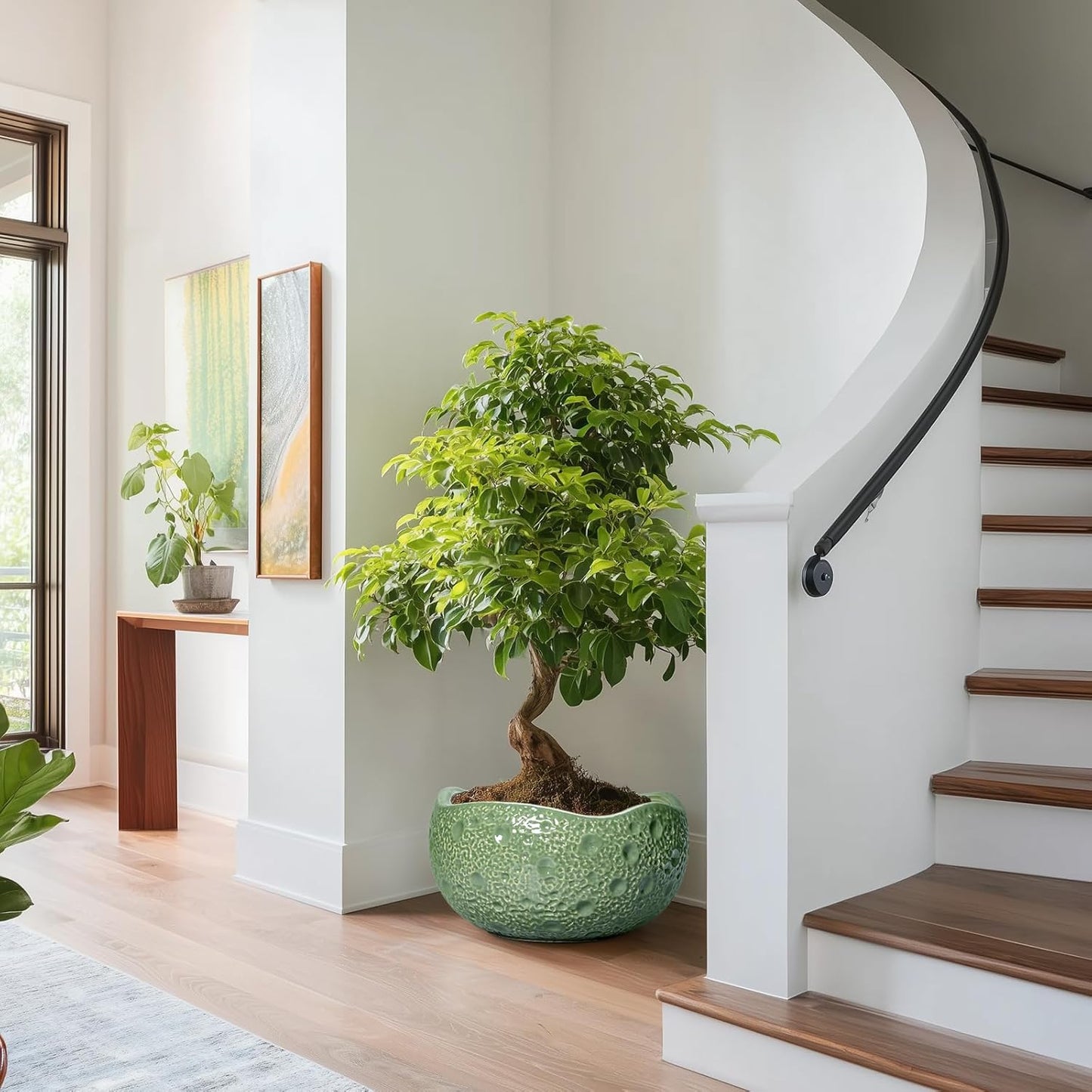 Ceramic Pots for Plants - 13 Inch Large Bonsai Pots Indoor Outdoor, Round Plant Pot with Drainage Hole, Decorative Flower Pot, Modern Unique Planters, Patio Decor, Plant Lover Gifts, Green