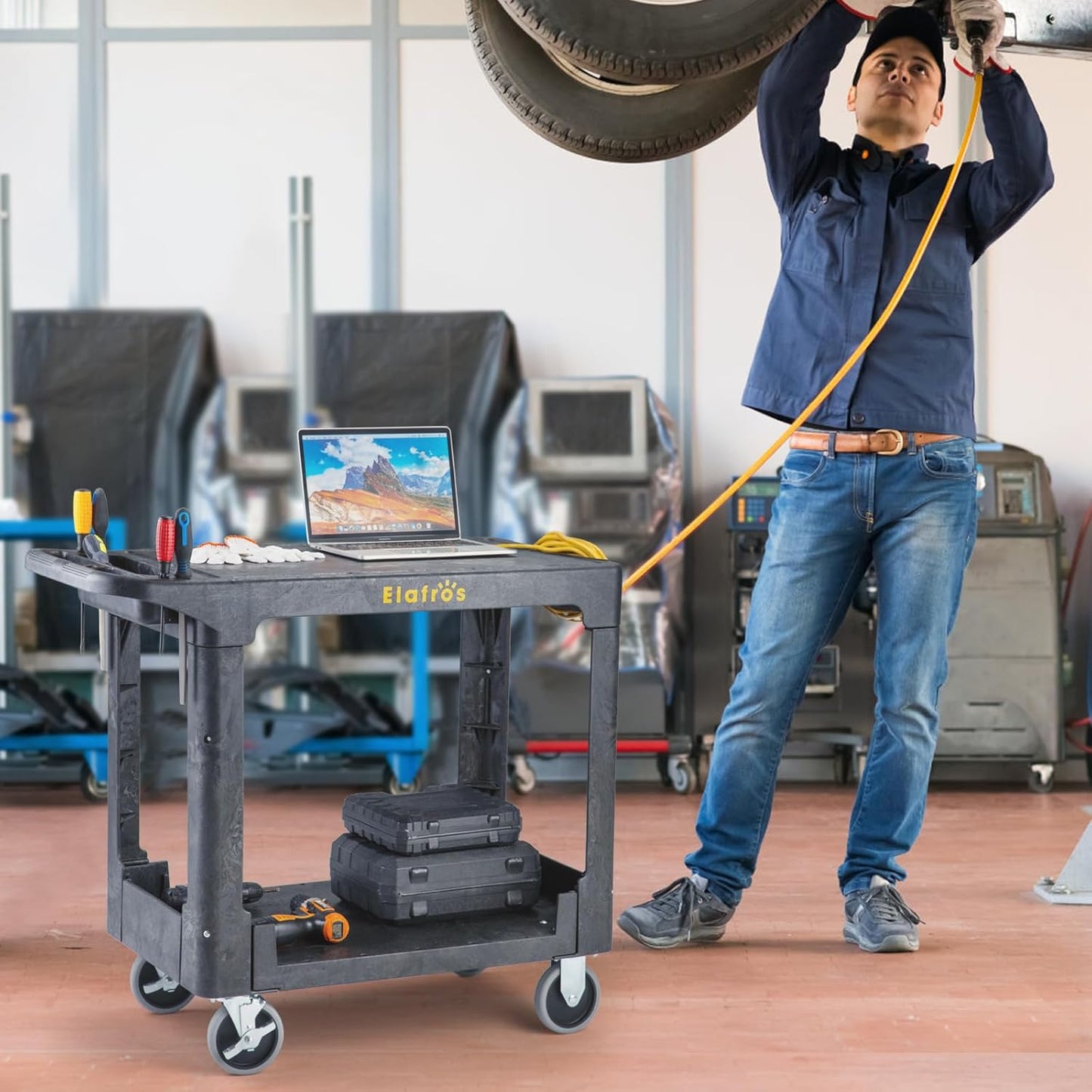 ELAFROS Heavy Duty Plastic Utility Cart Flat top 37 x 18.8 Inch - Work Cart Flat Shelves and 2 Swivel 2 Fixed Wheels Safely Holds up to 550 lbs - 2 Tier Service Cart Mail cart, Gray