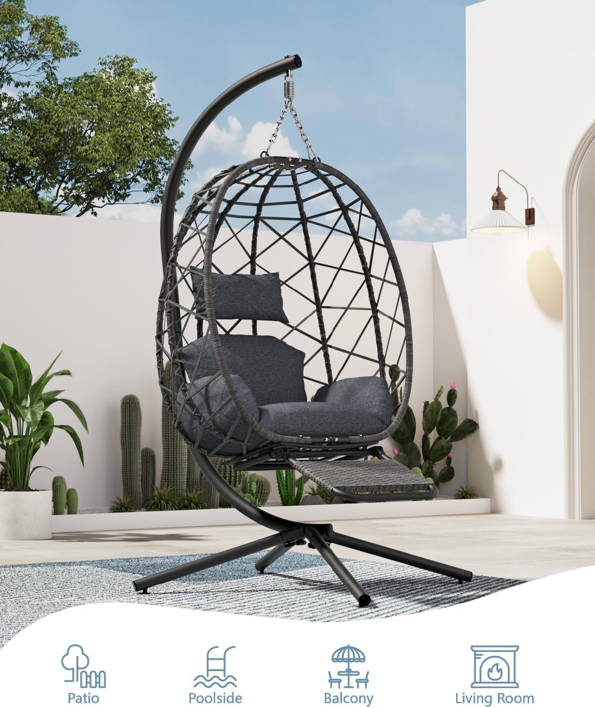 SWITTE Hanging Egg Chair with Stand, Outdoor Swing Egg Chair with Footrest, Patio Hammock Chair with Cushion for Garden Backyard-Dark Grey