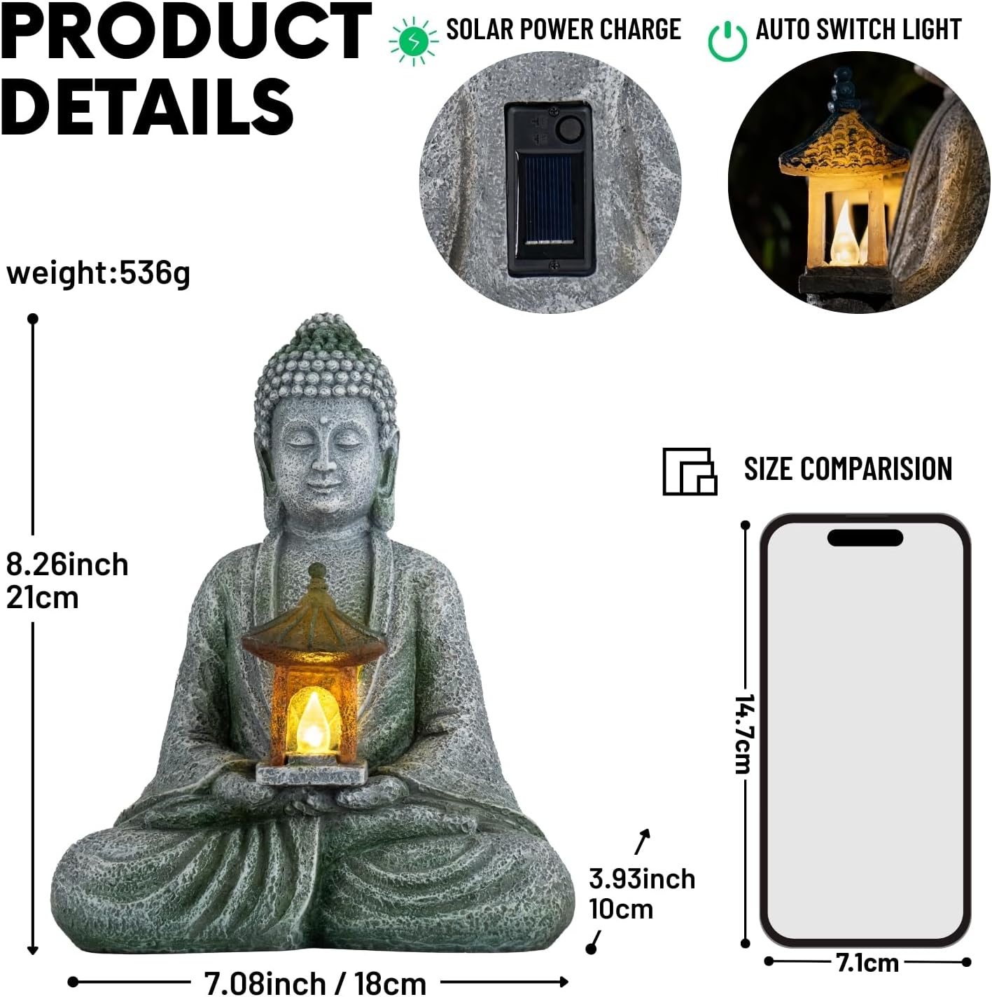 Buddha Garden Statue with Solar Light, Resin Zen Decor for Outdoor Patio or Indoor Meditation, Spiritual Gift for Women and Friends (Grey Pavilion)