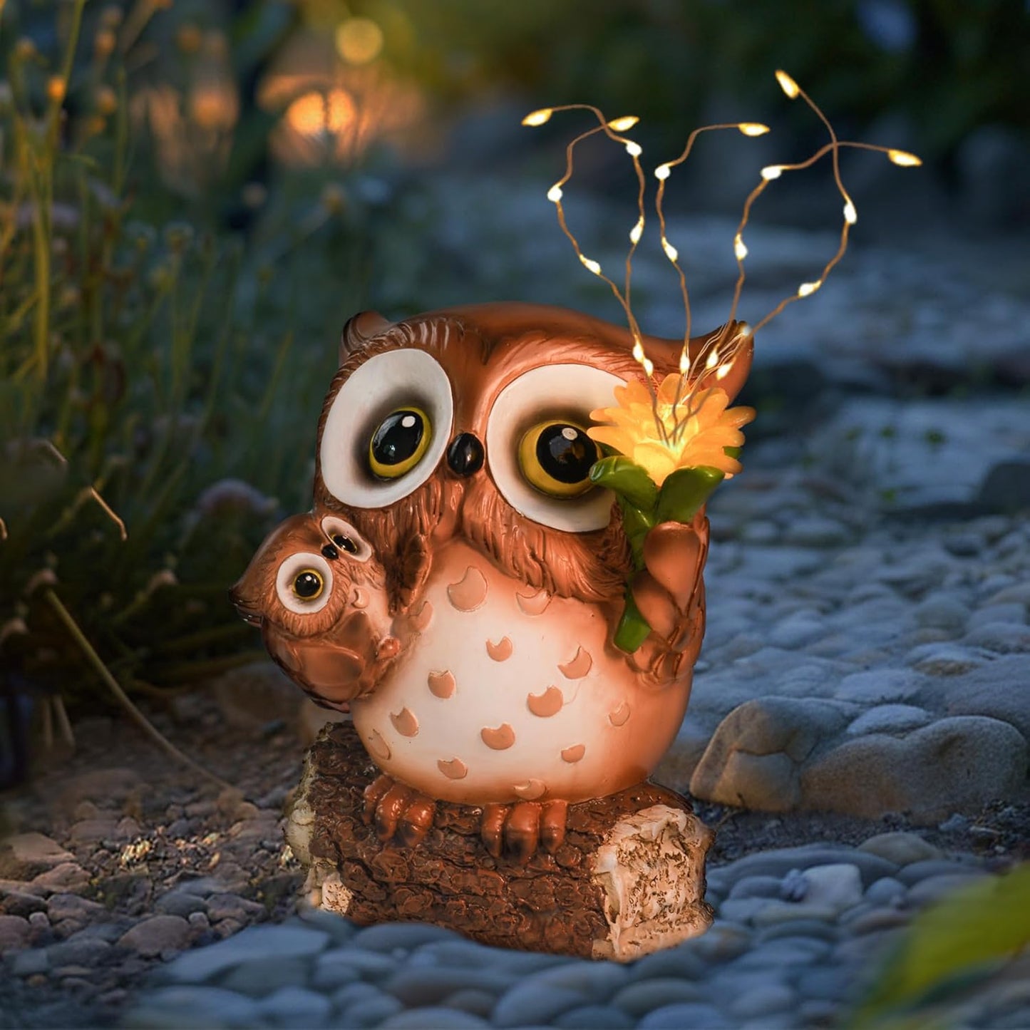 Solar Garden Statues Outdoor Decor, Fairy Owl Statue Garden Decor, Resin Yard Decorations Outdoor for Patio, Porch, Balcony, Lawn Ornaments, House Warming Birthday Gifts for Mom Women Grandma